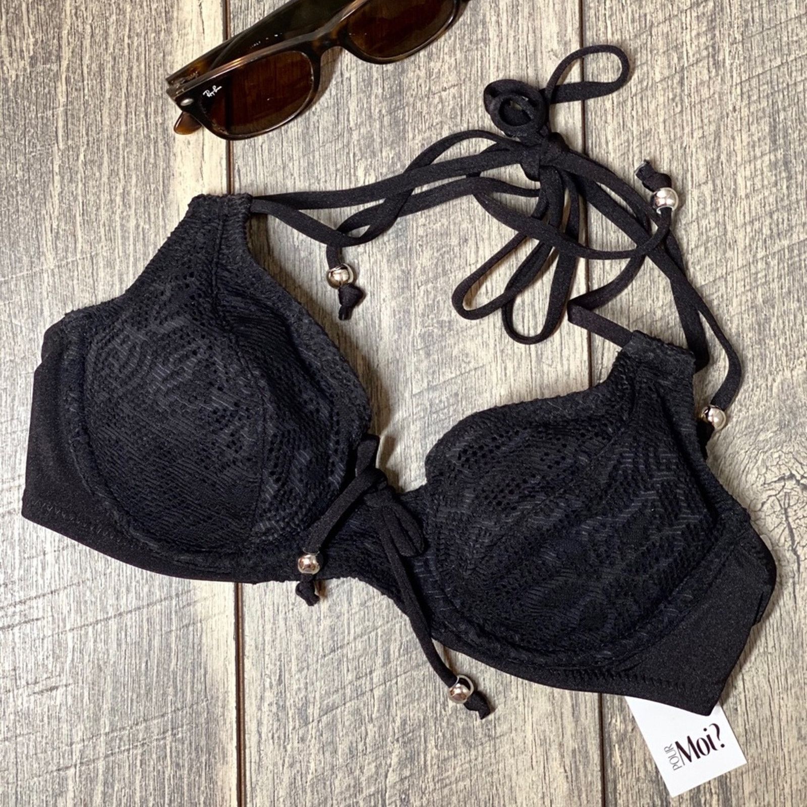 Goods Pour Moi? Black Lace Halter Bikini Top Size L / US 10 / IT 46 - 2 Thumbnail