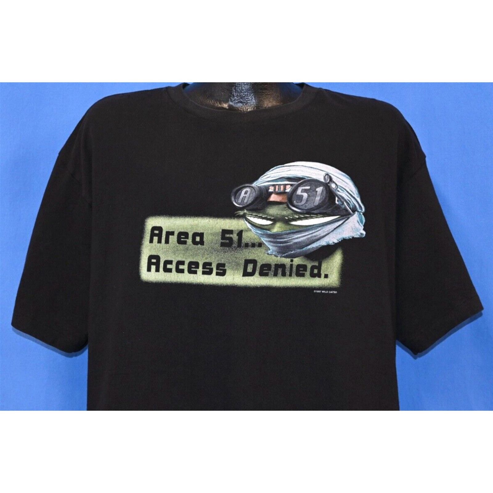 image of VTG 90's Area 51 Access Denied Alien Extraterrestrial 1997 Wild Oats T-Shirt XL in White, Men's