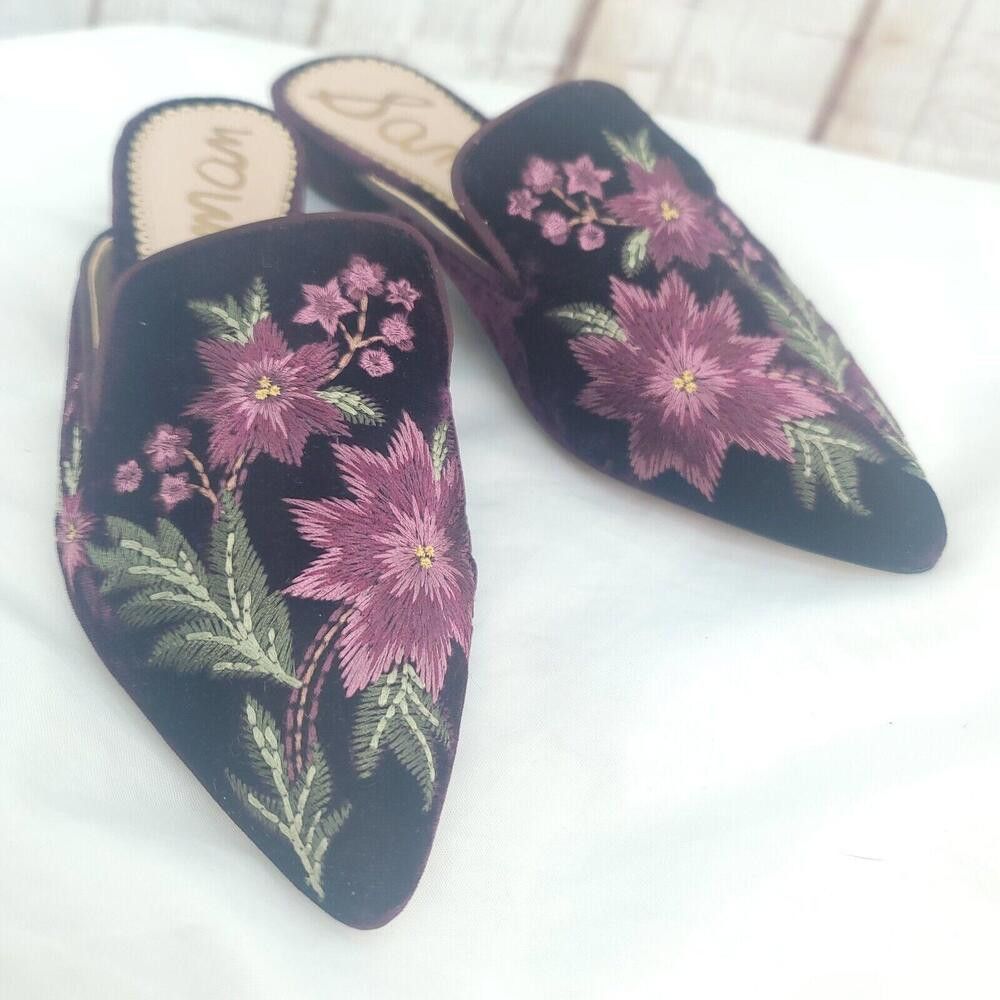 Designer Sam Edelman Black Pink Floral Bordeaux Velvet Size 7 Mules Size US 7 / IT 37 - 9 Thumbnail