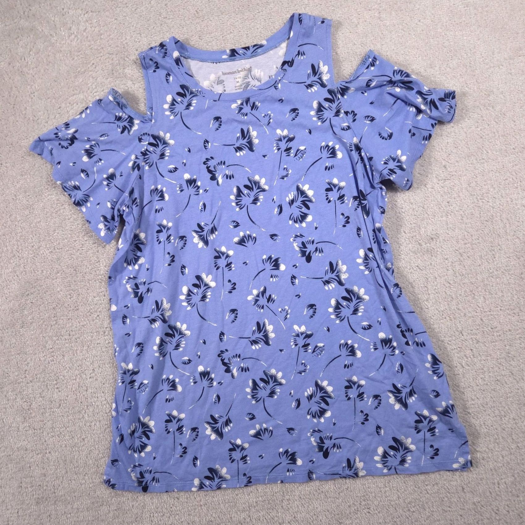 Vintage Woman Within Shirt Womens Blue Floral Cold Shoulder Sleeve Ruffle Top 14/16 Size XL / US 12-14 / IT 48-50 - 2 Thumbnail