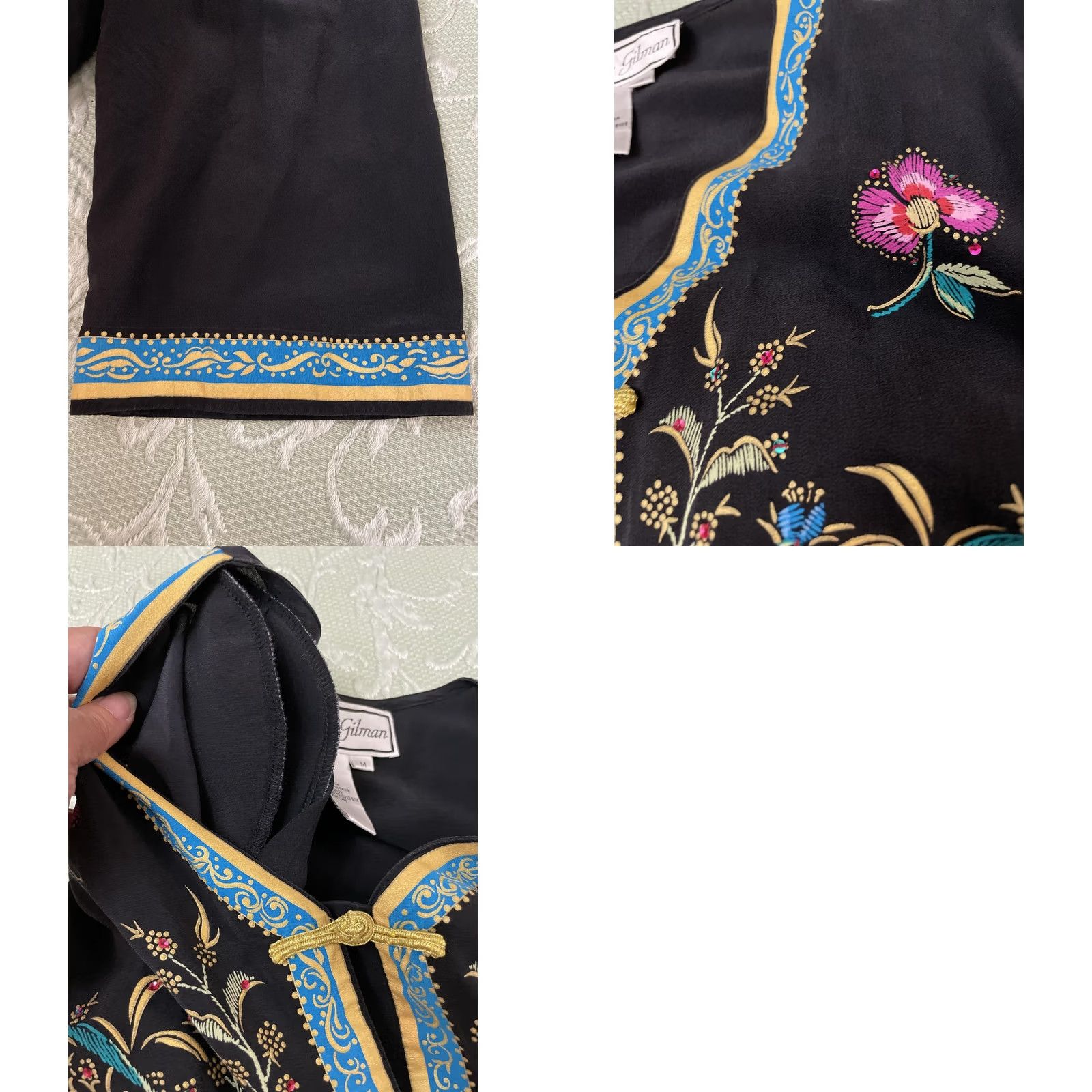Vintage Diane Gilman Jacket Womens M Black Silk Embroidered Floral Frog Closure Kimono Style Size M / US 6-8 / IT 42-44 - 10 Thumbnail