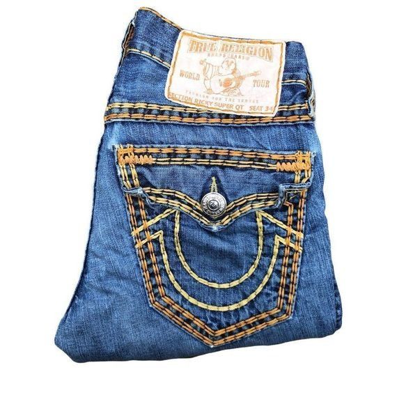 TRUE Religion Jeans Size 28 RICKY SUPER QT Blue Orange Stitc