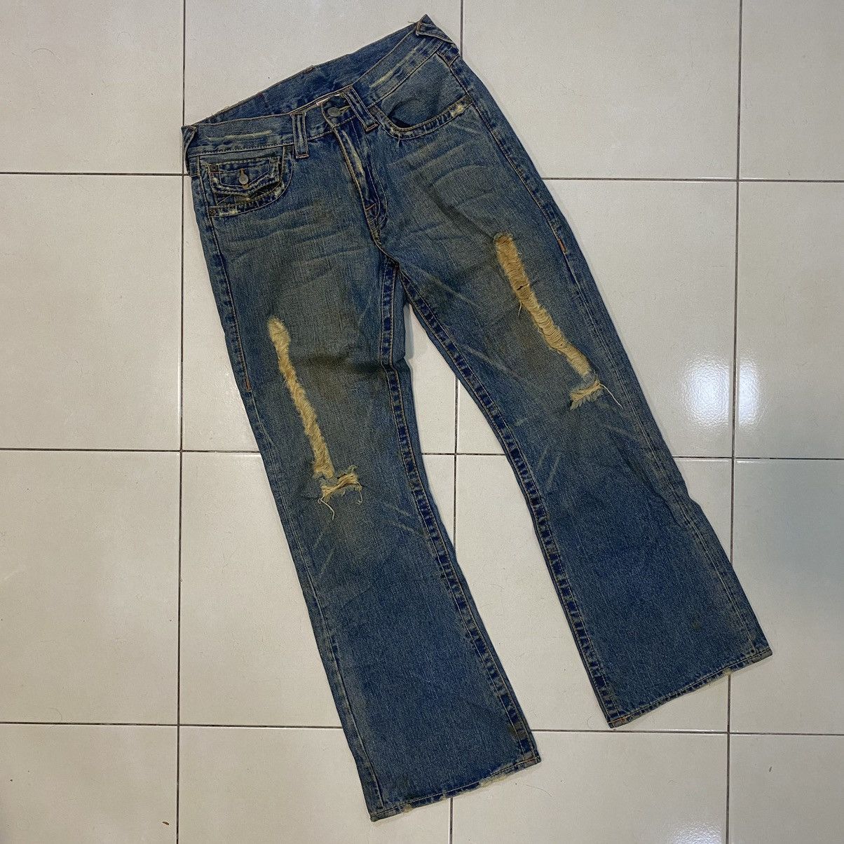 image of Avant Garde x Distressed Denim True Religion Section Billy Bell Bottom Distressed Jeans in Blue (Si