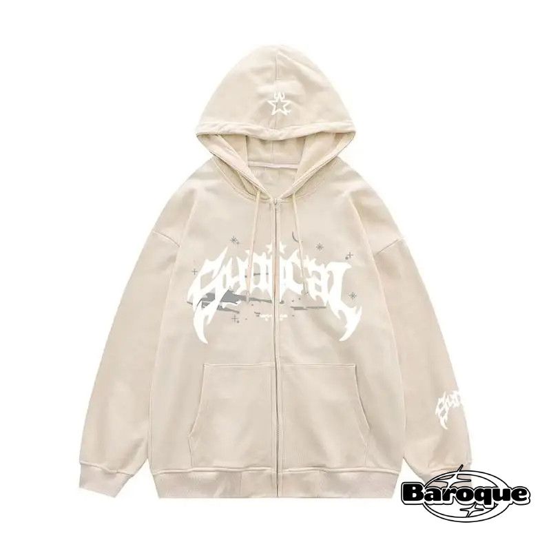Beige Scripted Streetwear Zip Up Hoodie