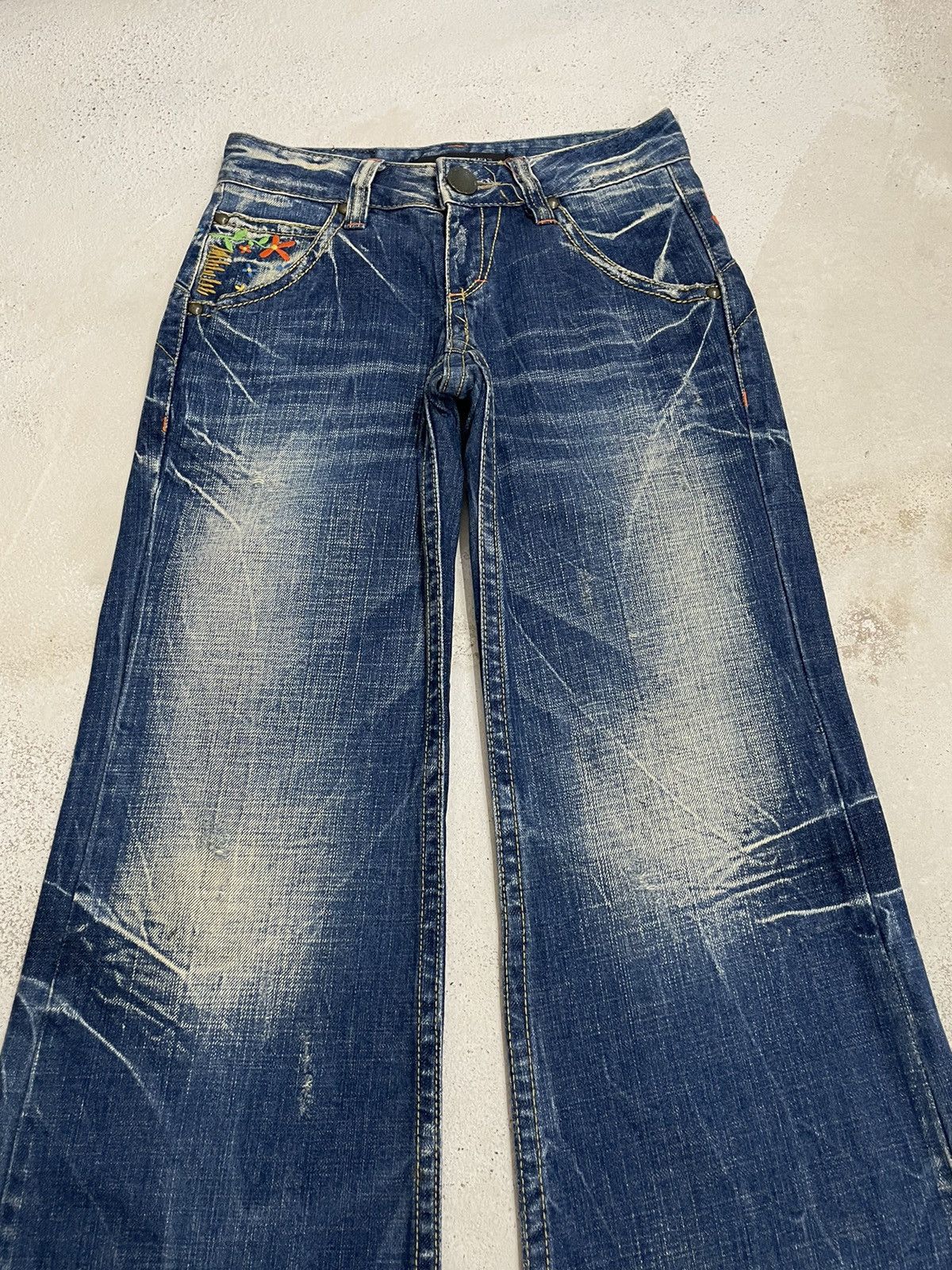 Designer Lolita Wide Leg Muddy Embroidery Studded Flare Denim Pants Size US 26 / EU 42 - 7 Thumbnail