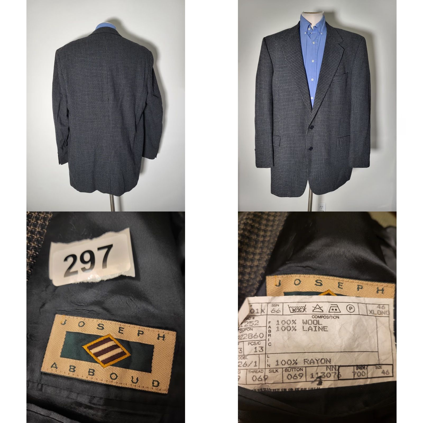 Vintage J. Abboud Woven Blue Brown Check Wool Tweed Blazer Jacket SportCoat Hopsack 46XL Size 46R - 8 Thumbnail