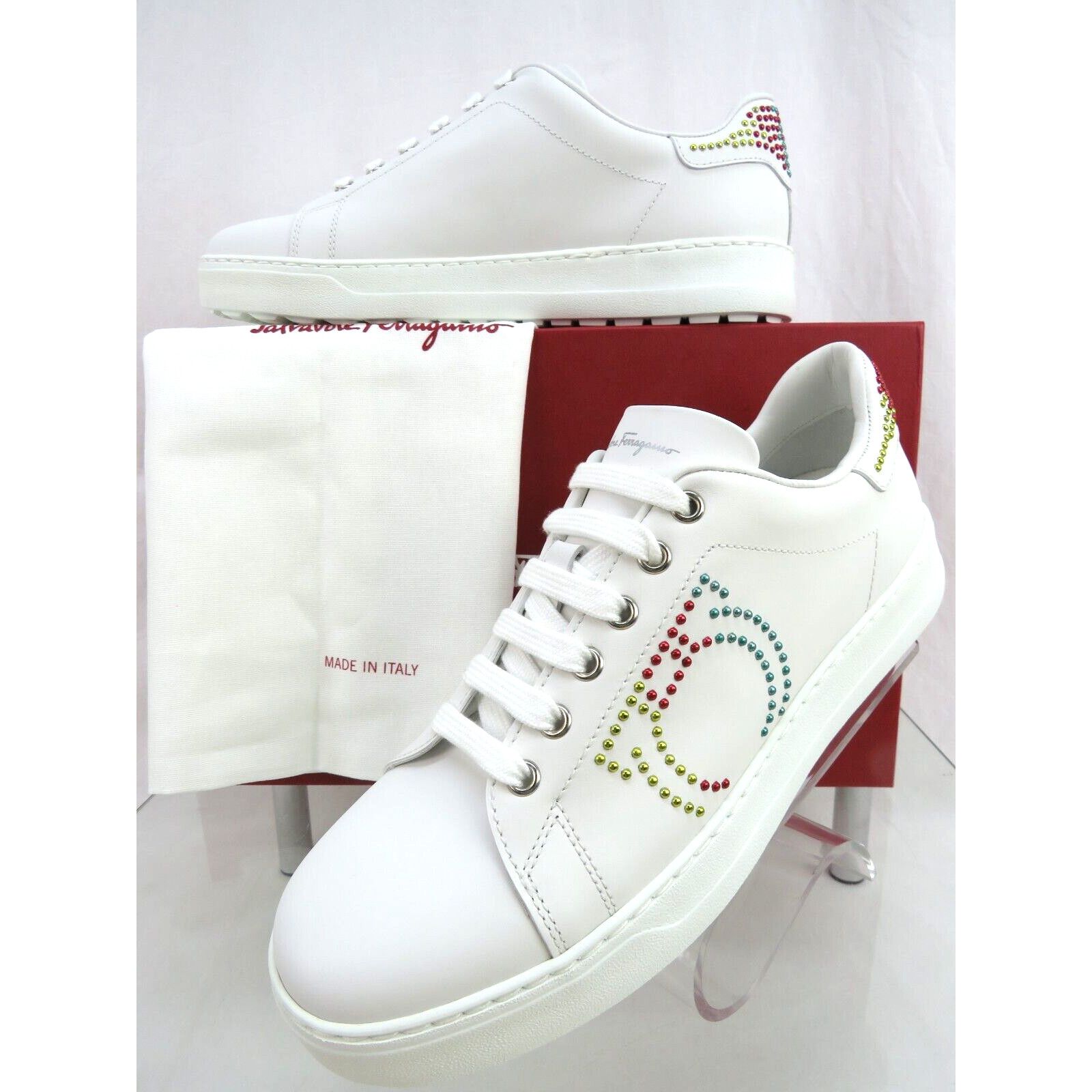Salvatore Ferragamo PIERRE WHITE LEATHER STADS GANCINI LOGO SNEAKERS 9 C ITALY Size US 9 / IT 39 - 1 Thumbnail