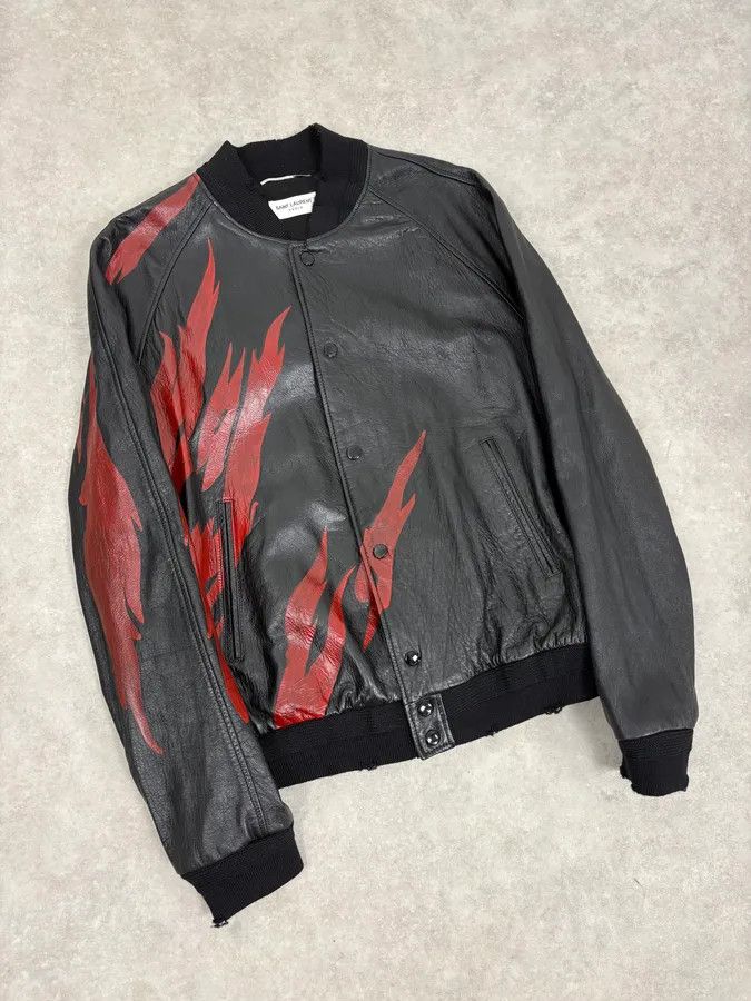Saint Laurent Paris FW2017 Saint Laurent Red Flames Black Leather Bombers Jacket Size US L / EU 52-54 / 3 - 4 Thumbnail