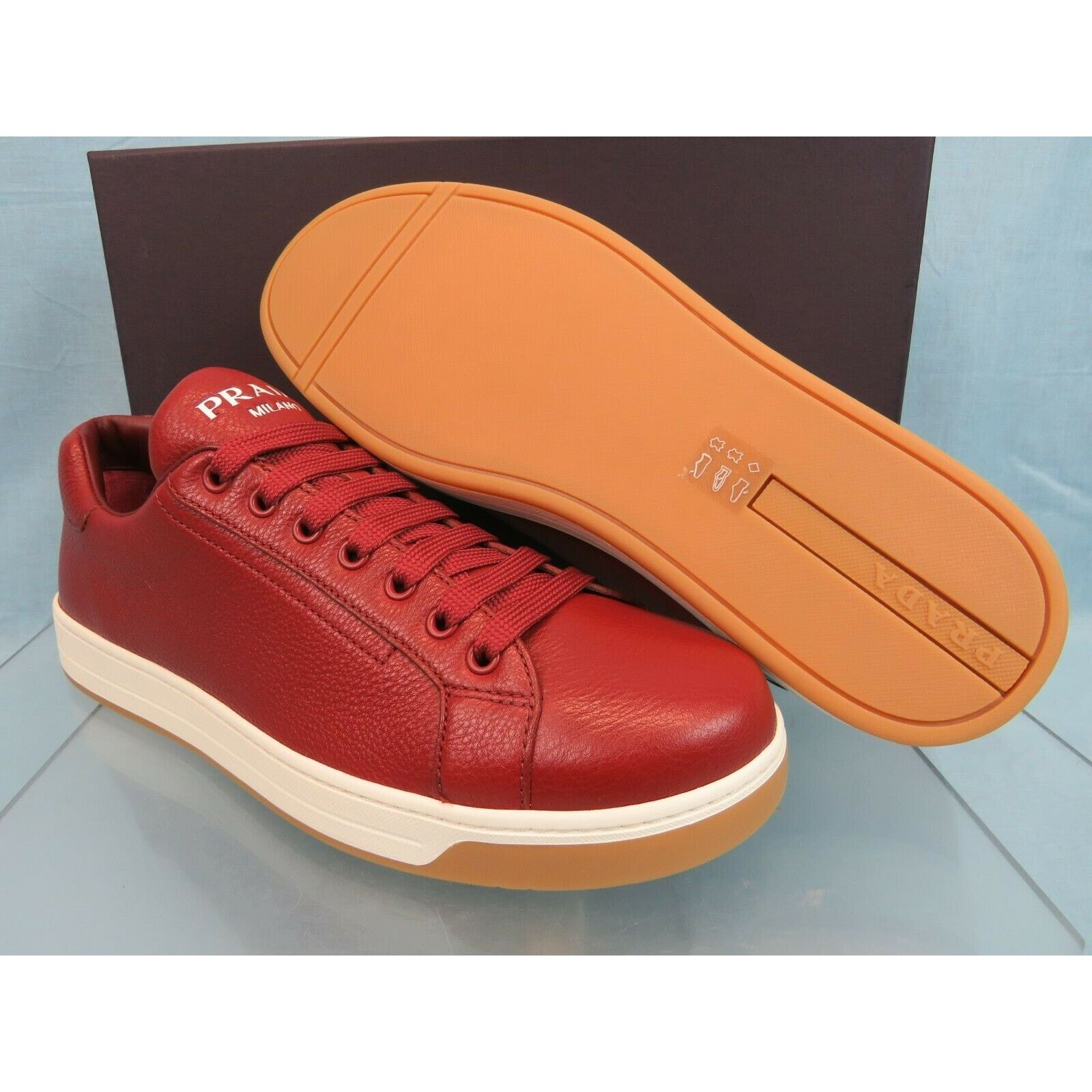 Prada 4E3507 RED TEXTURED LEATHER LOGO LOW TOP SNEAKERS 7.5 Size US 8.5 / EU 41-42 - 8 Thumbnail