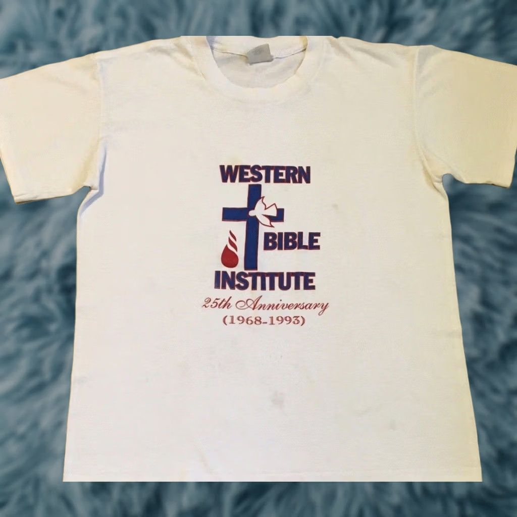 Vintage VINTAGE 90s Western Bible Institute Faded Distress Shirt S God Jesus Religion Grunge Shirt Mens White Size US S / EU 44-46 / 1 - 1 Thumbnail
