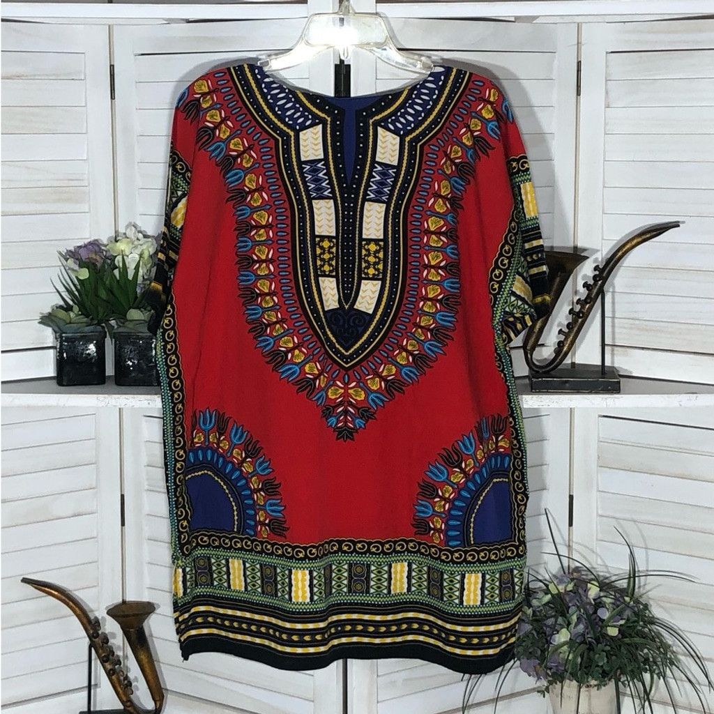Vintage 70s hippie batik paisley red black green cotton tunic sz L Size US L / EU 52-54 / 3 - 2 Thumbnail