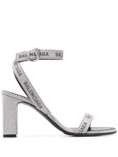 image of Balenciaga O1Mle0424 Logo Sandals In Silver, Women's (Size 7)