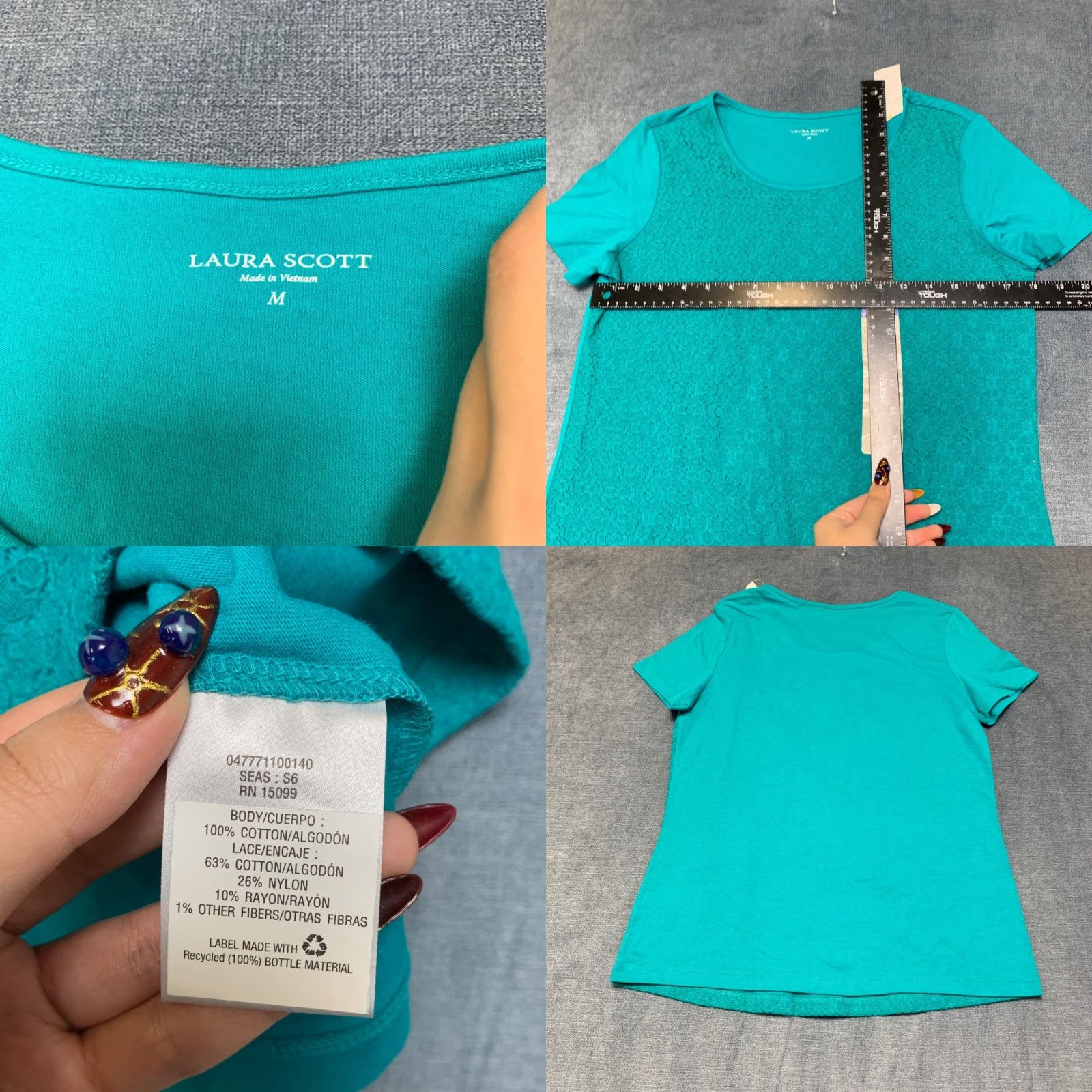 Vintage Laura Scott Missy Lace Front Tee Shirt Womens Medium Tropical Green Knit Cotton Shirt Womens Medium Tropical Green Lace Front Tee Shirt Size M / US 6-8 / IT 42-44 - 8 Thumbnail