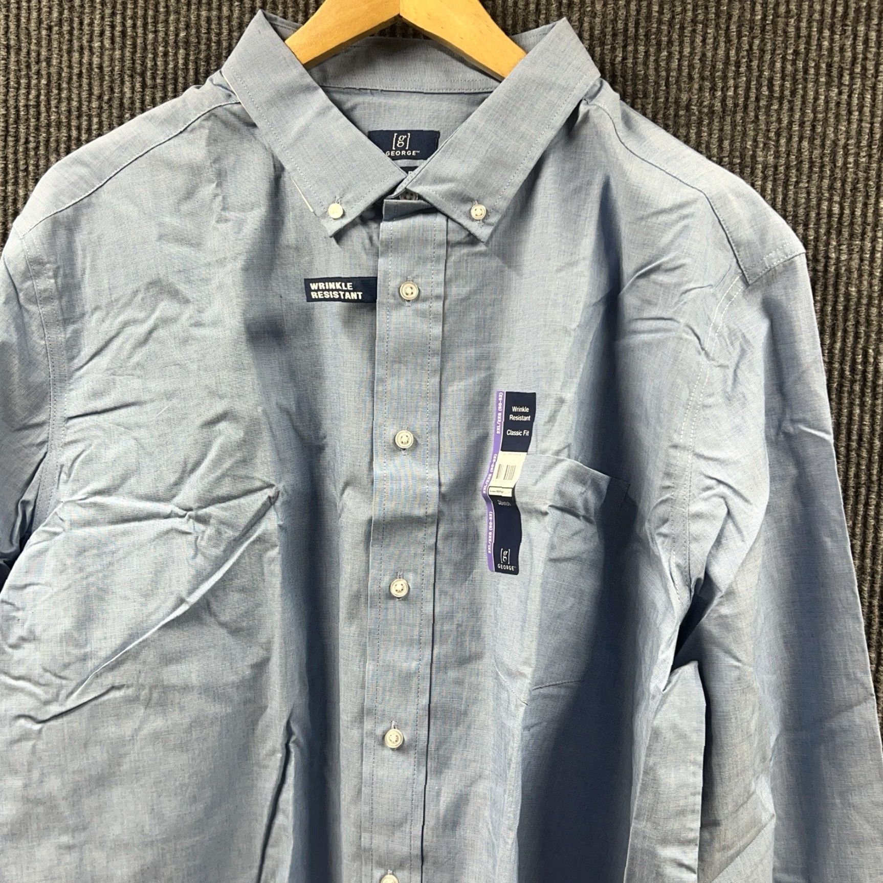 George George Mens 2XL Blue Poplin Classic Fit Stretch Long Sleeve Button Down NWT Size US XXL / EU 58 / 5 - 6 Thumbnail