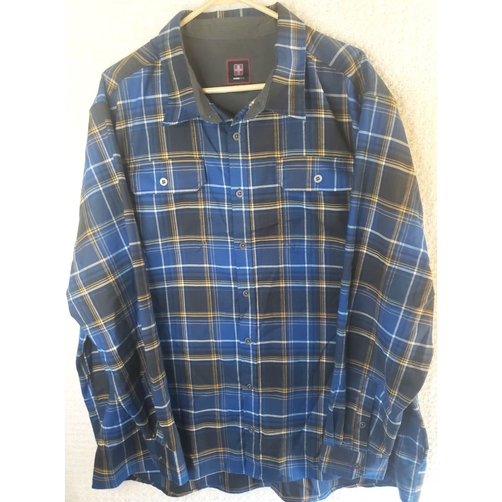 Vintage SwissTech Shirt Blue Plaid Button-Down 3XL Mens Long Sleeve Outdoor Casual Travel Lightweight Woven Spandex Pocket Size US XXL / EU 58 / 5 - 2 Thumbnail