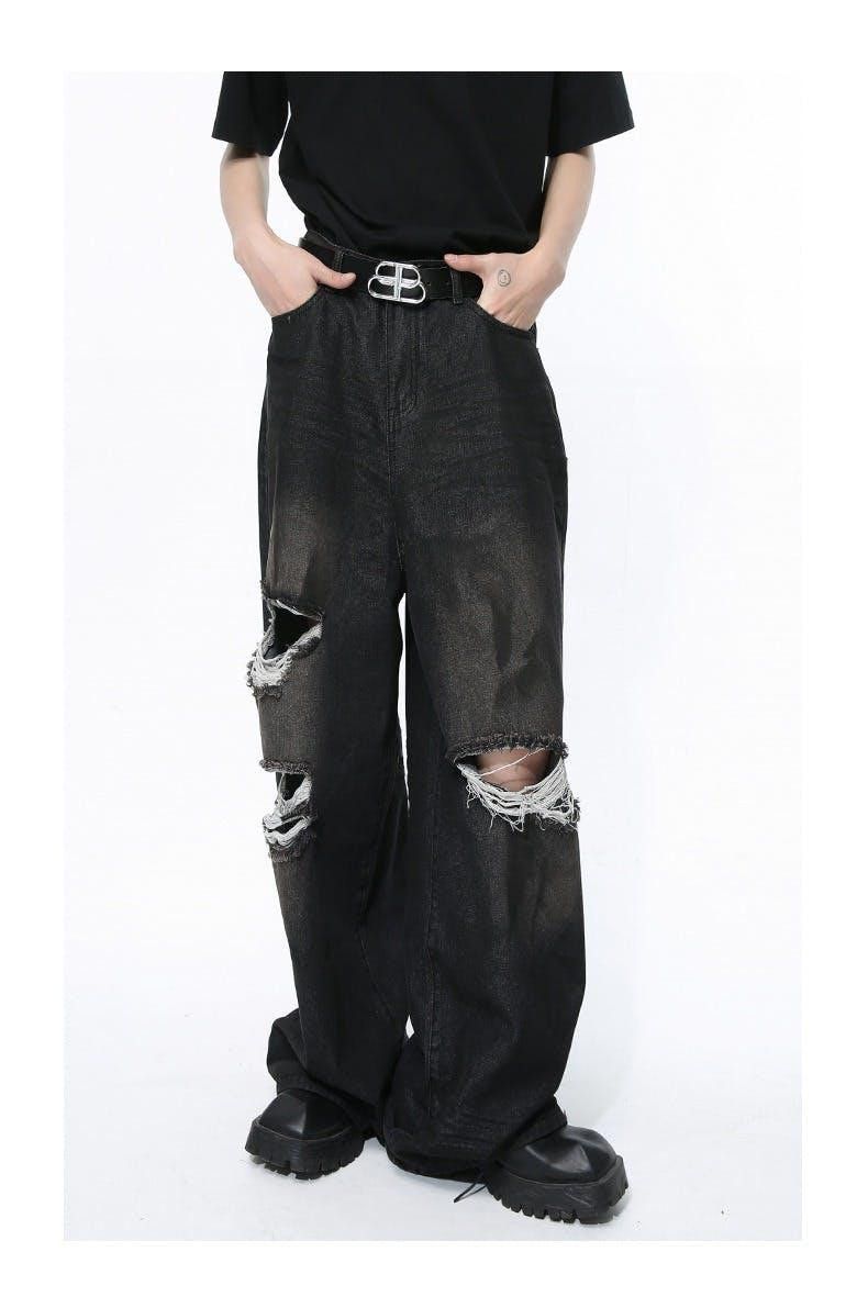 image of Distressed Baggy Wide Leg Flared Denim Jeans in Black, Men's (Size 30)