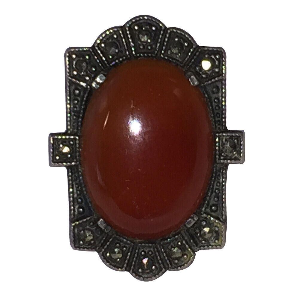 Art Deco Sterling Oblong Carnelian and Marcasite Ring
