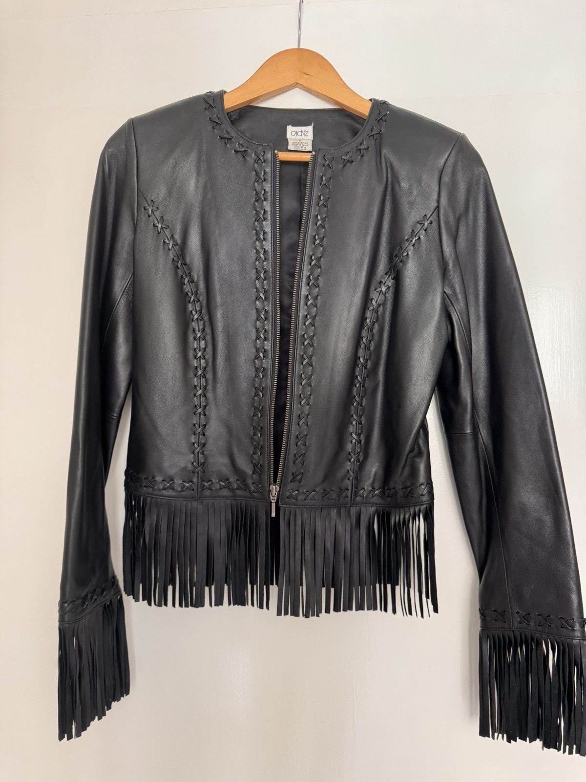 Other Caché Black Leather Fringe Jacket US 4 Western Boho Zip Size S / US 4 / IT 40 - 21 Thumbnail