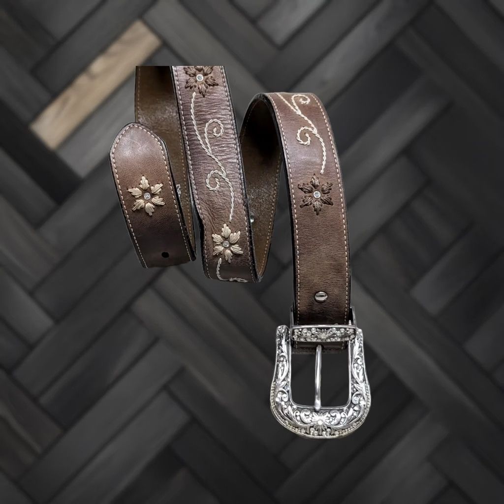 Vintage VINTAGE Nocona belt western 34 leather studded rhinestone buckle floral rhinestone belt Unisex Adults Men Women Size 34 - 1 Thumbnail