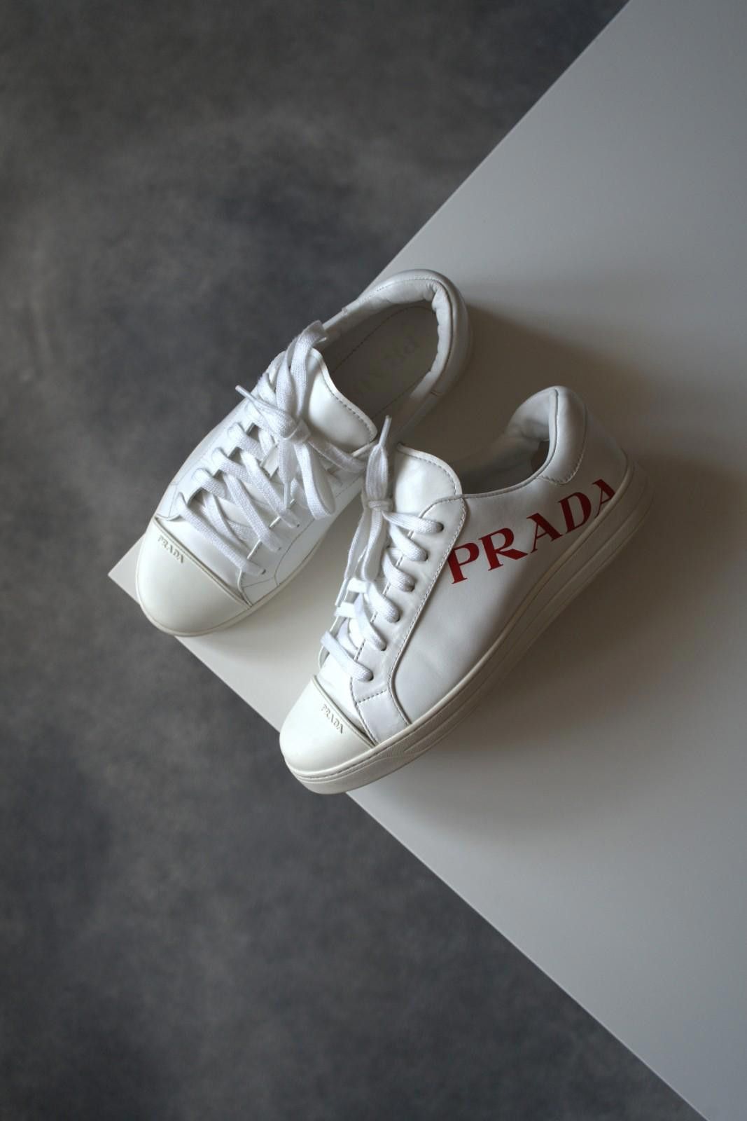 Prada Prada Logo Leather Low Sneakers White / Red Women US8.5 Size US 6 / IT 36 - 7 Thumbnail