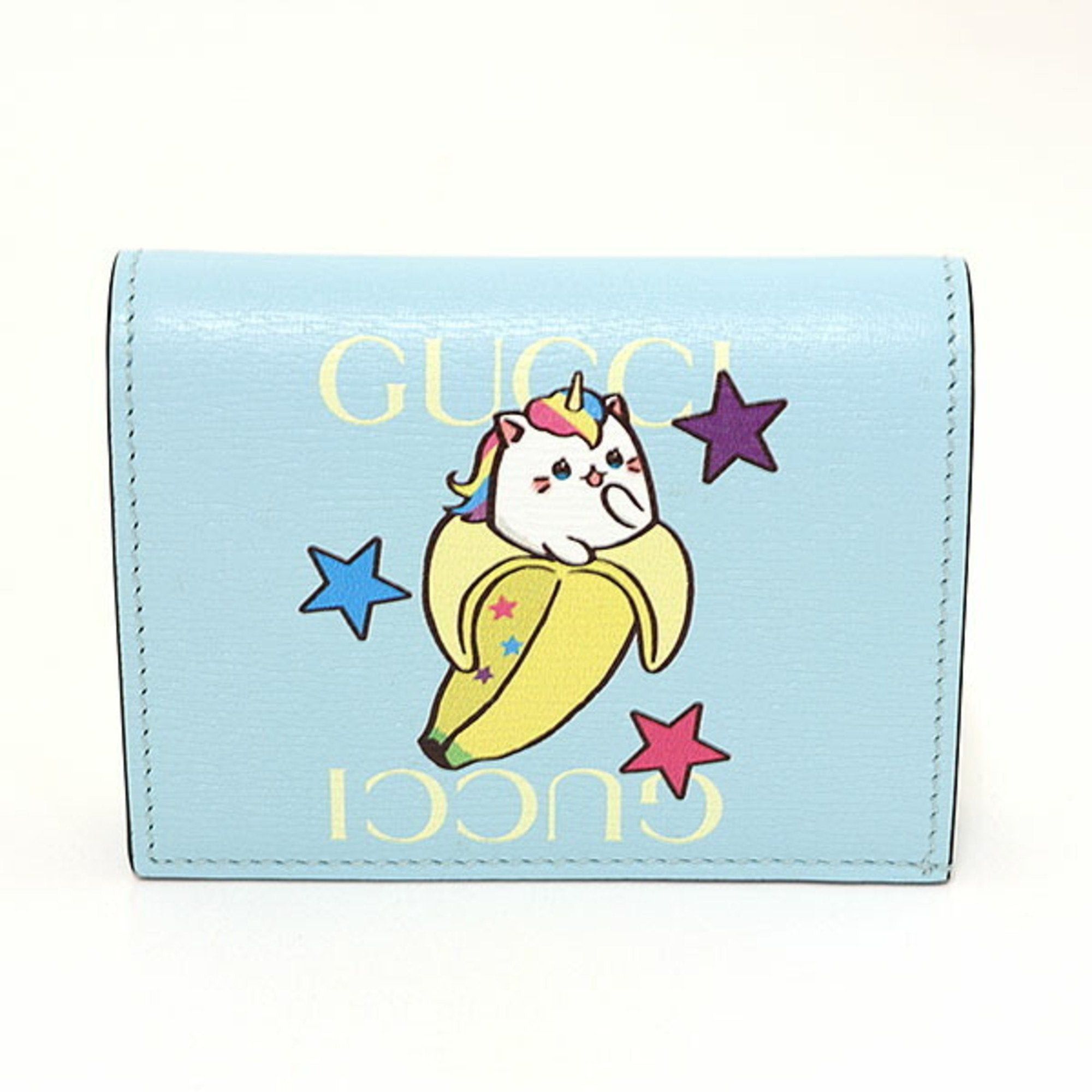 image of Gucci Bananya Card Case Wallet Blue Leather Rainbow 701009, Women's