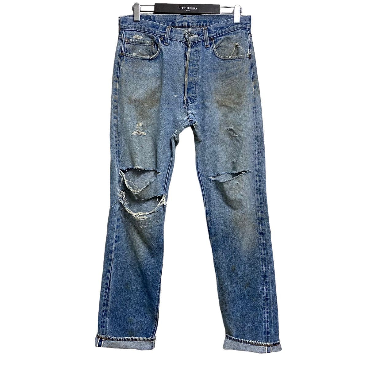 Image of Super Destroyed Vintage 80's Levis 501 Redline Jeans in Blue, Men's (Size 31)