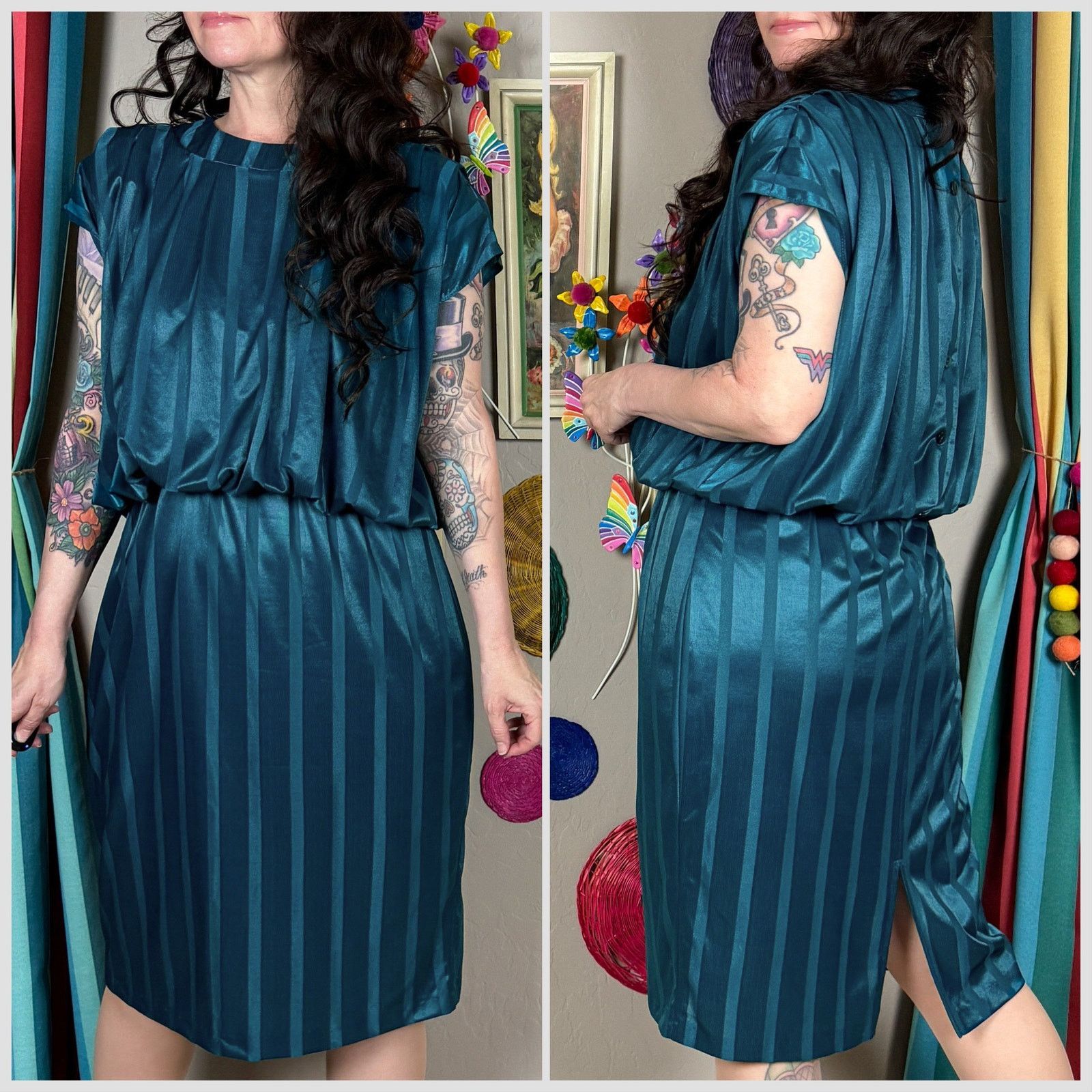 Vintage 1970s Dark Teal Striped Sleeveless Blouson Disco Dress Size M / US 6-8 / IT 42-44 - 3 Thumbnail