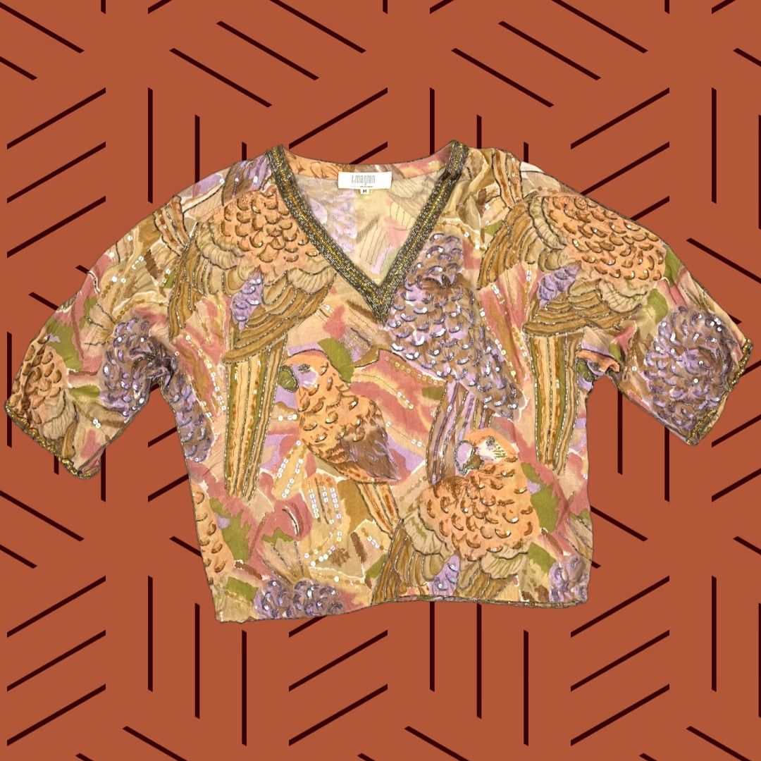 I. Magnin VINTAGE I. MAGNIN Blouse Womens Medium Silk Bird Parrot Beaded Sequin Fairy 70s 80s Size M / US 6-8 / IT 42-44 - 1 Thumbnail