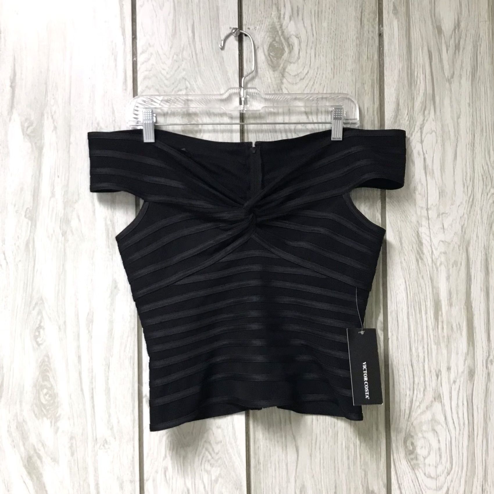 Vintage Victor Costa Women Black Twist Front Off-Shoulder Fitted Zip Cropped Top 8 Size M / US 6-8 / IT 42-44 - 2 Thumbnail