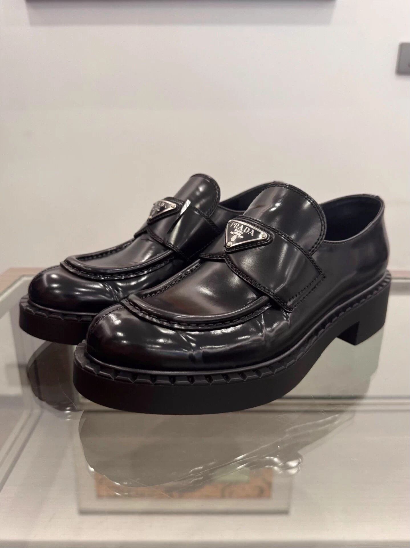 Prada Prada Women's Black Loafers 37.5 EU Silver Triangle Logo New Size US 6.5 / IT 36.5 - 1 Thumbnail