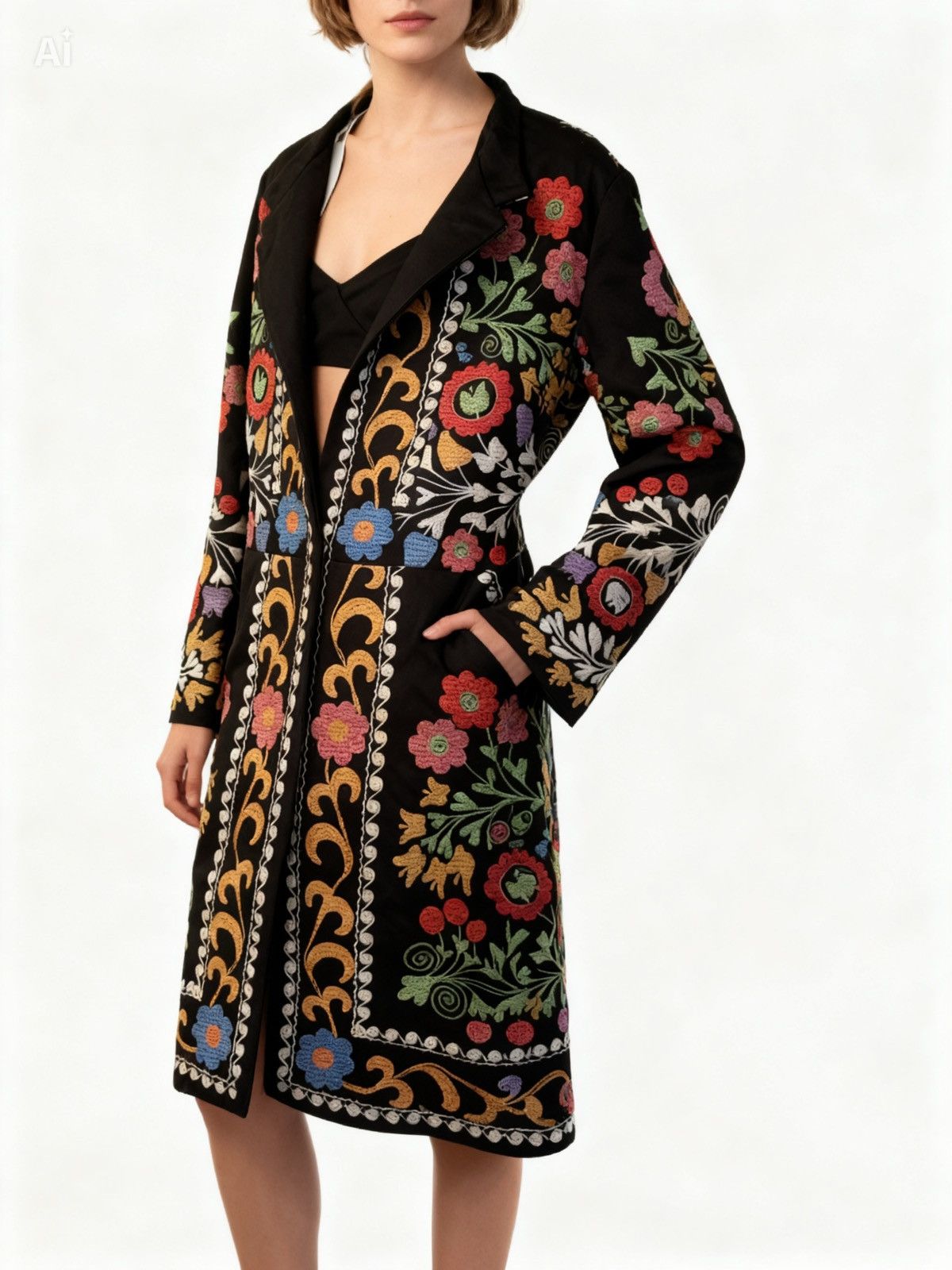 Highest Tendencies Luxury Floral Embroidered Velvet Blazer for Women Colorful Size XL / US 12-14 / IT 48-50 - 2 Thumbnail