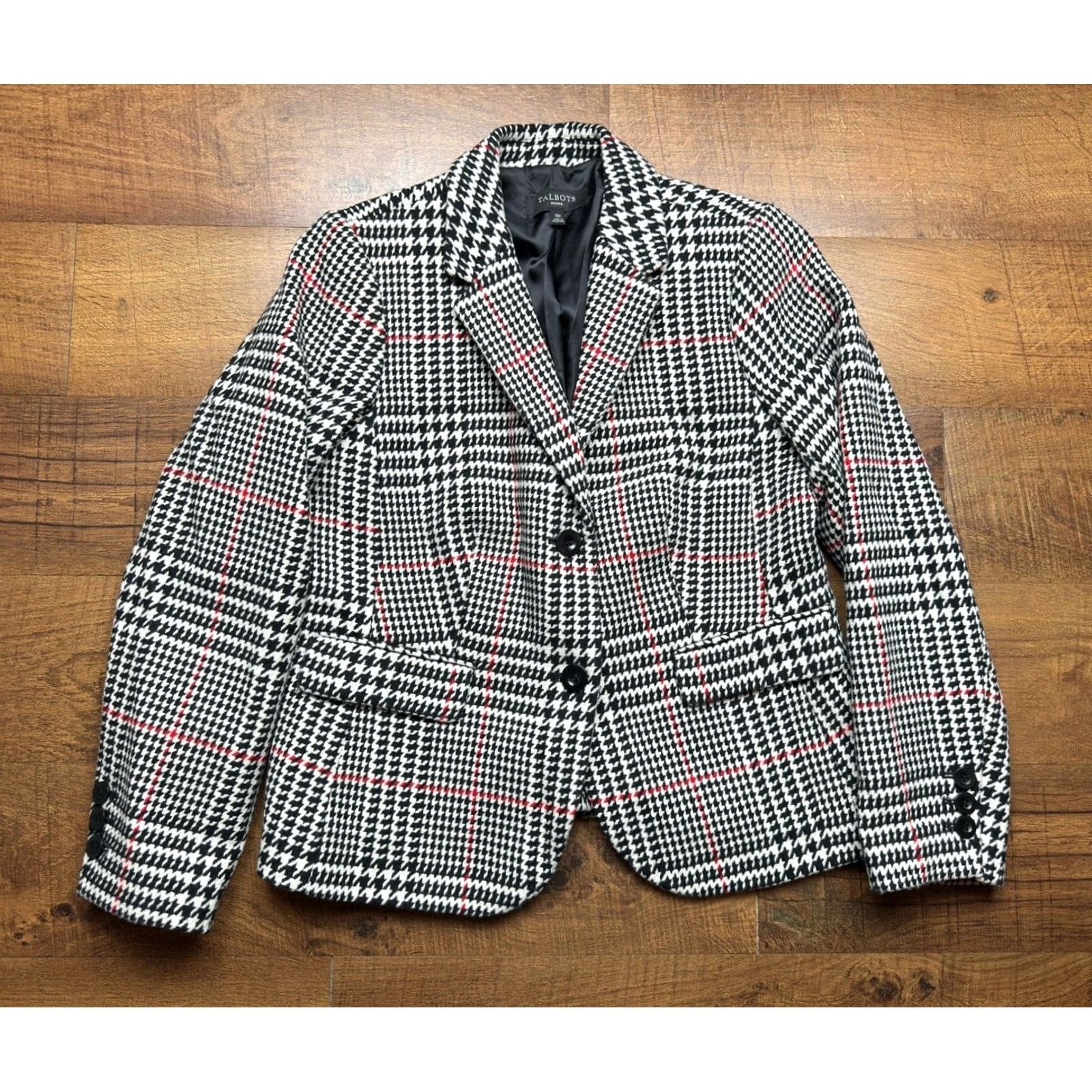 Talbots Talbots Sport Coat Houndstooth White Black Red Glen Check Wool Blazer 10P Petite Women’s Jacket Single-Breasted Notch Lapel Two-Button Lined Size L / US 10 / IT 46 - 2 Thumbnail