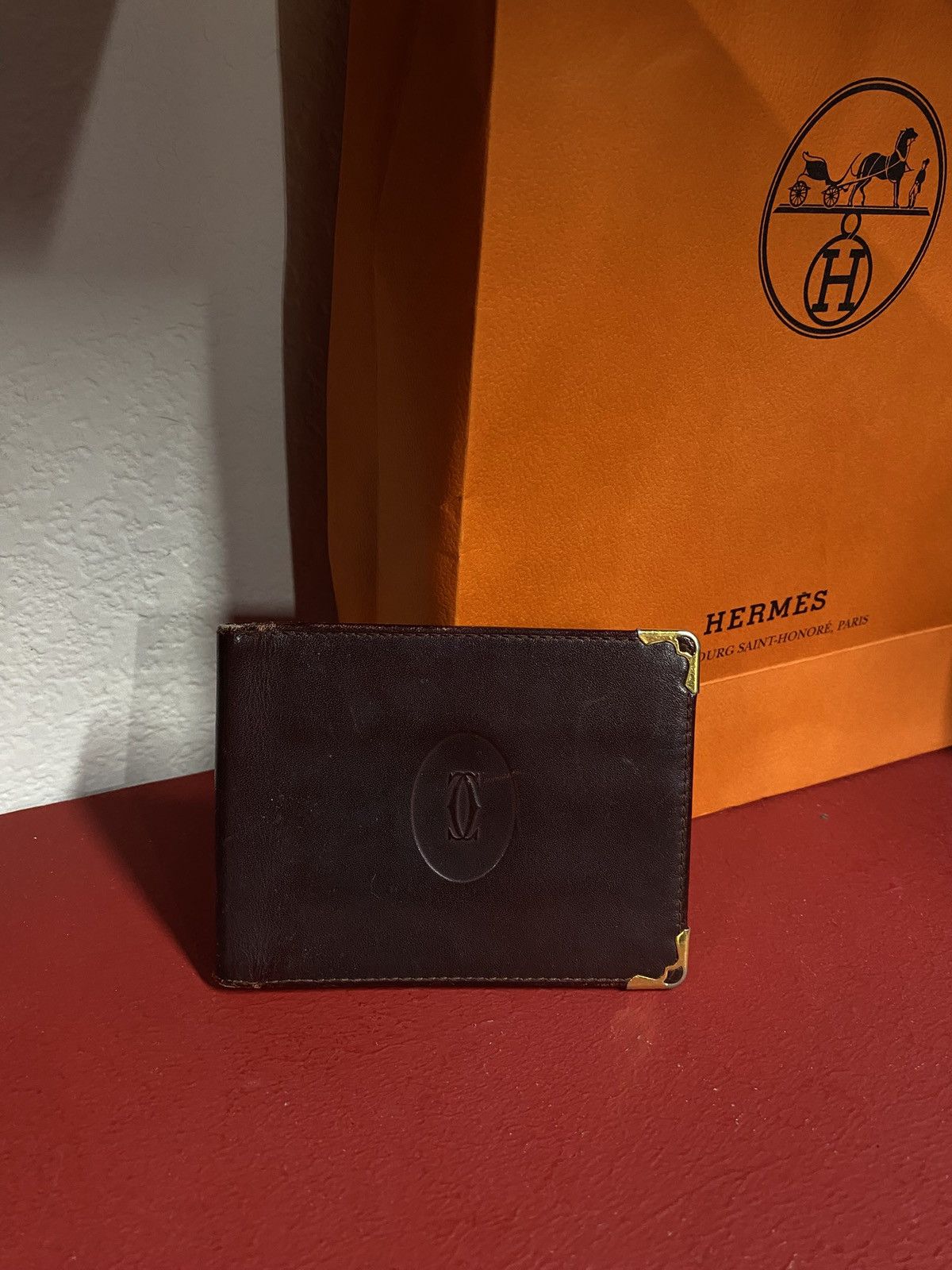 Cartier × Designer Cartier Red Vintage Men’s Bifold Leather Wallet Preowned Size ONE SIZE - 4 Thumbnail