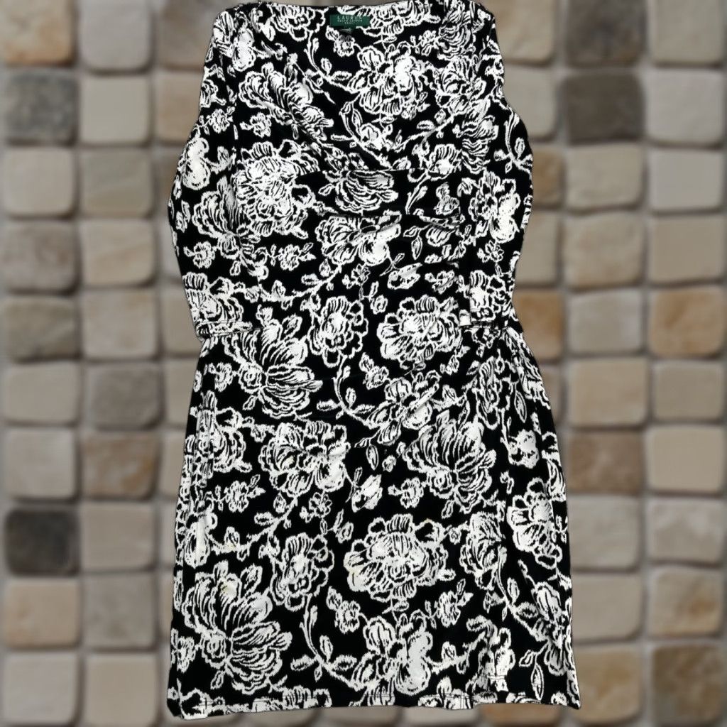 Ralph Lauren Lauren Ralph Lauren Sheath Dress Womens 4 Black White Floral Side Ruched Classic Size S / US 4 / IT 40 - 1 Thumbnail