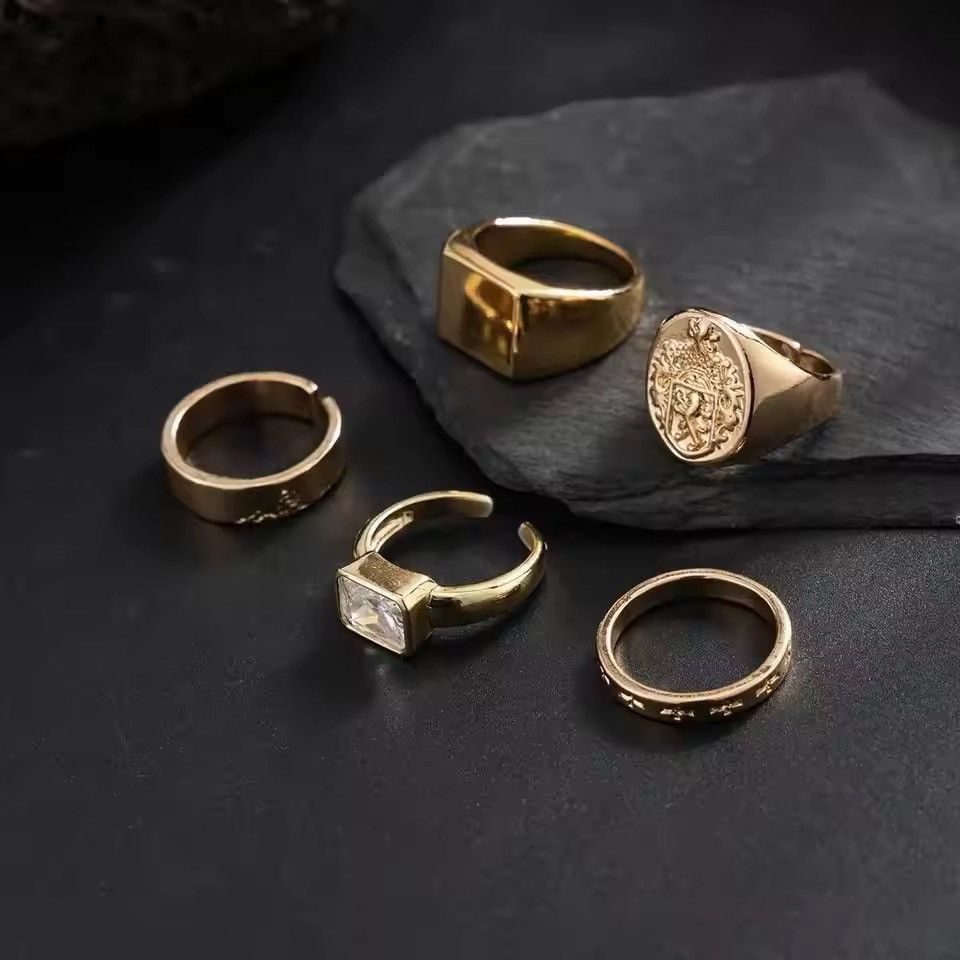 Jewelry 5Pcs/Set Punk Vintage Square Rhinestone Rings Size ONE SIZE - 4 Thumbnail