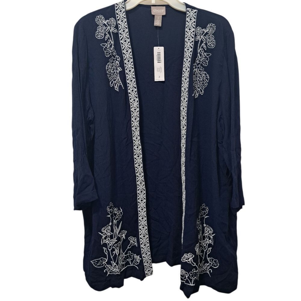 Chicos Chico's Floral Embroidery Pattern Crinkle Open Front Cardi J Size L / US 10 / IT 46 - 1 Thumbnail