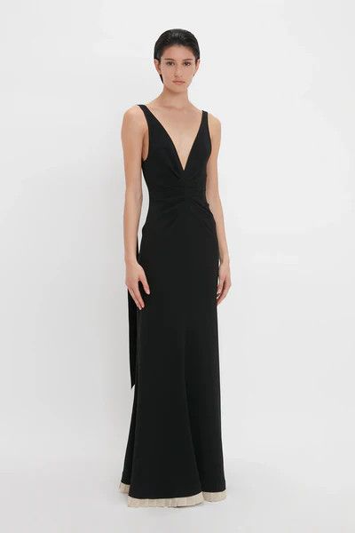 Victoria Beckham o1mle0525 V-Neck Gathered Waist Gown in Black Size M / US 6-8 / IT 42-44 - 2 Thumbnail