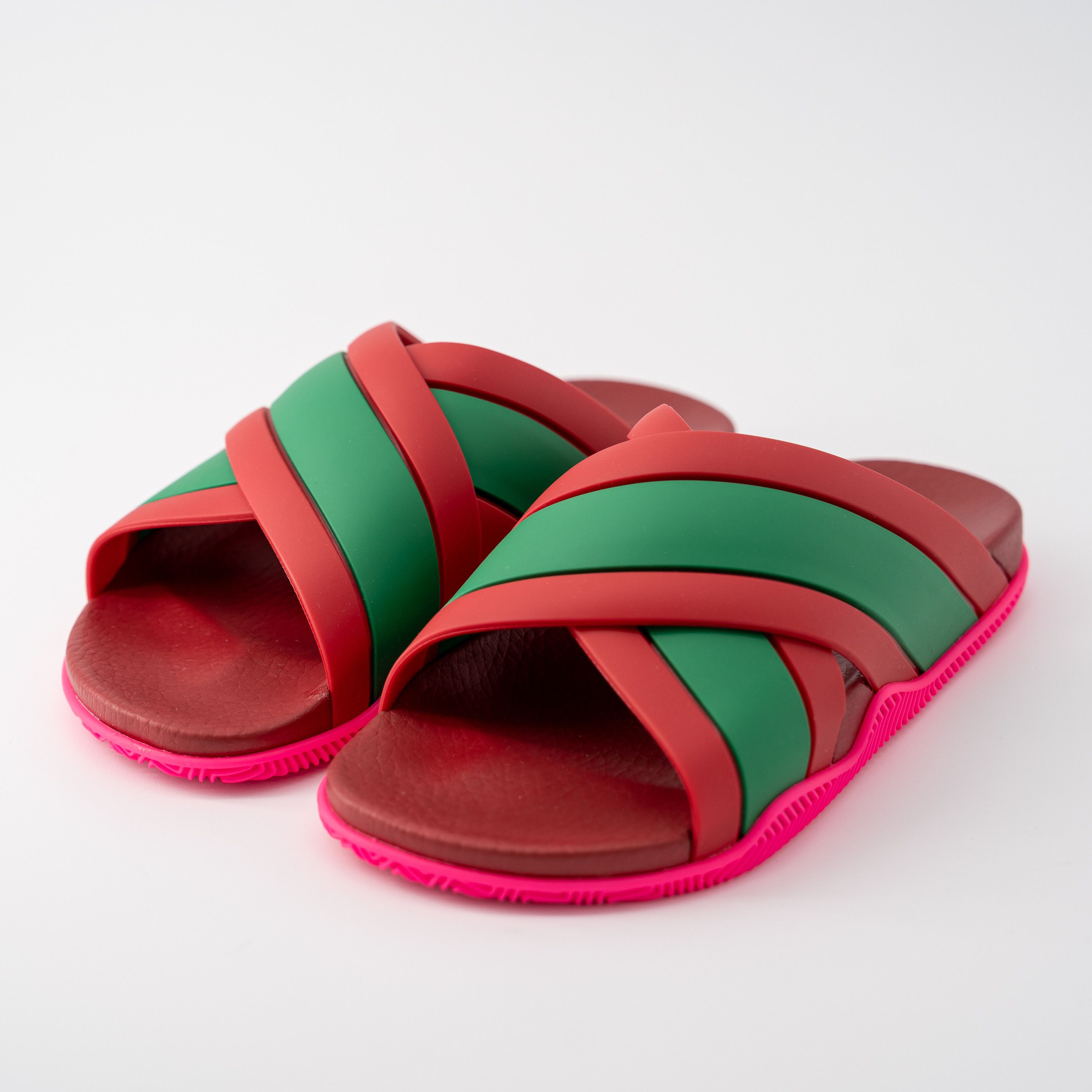Gucci 37G - Gucci Slide Sandals Cross Striped Red Green Web Rubber