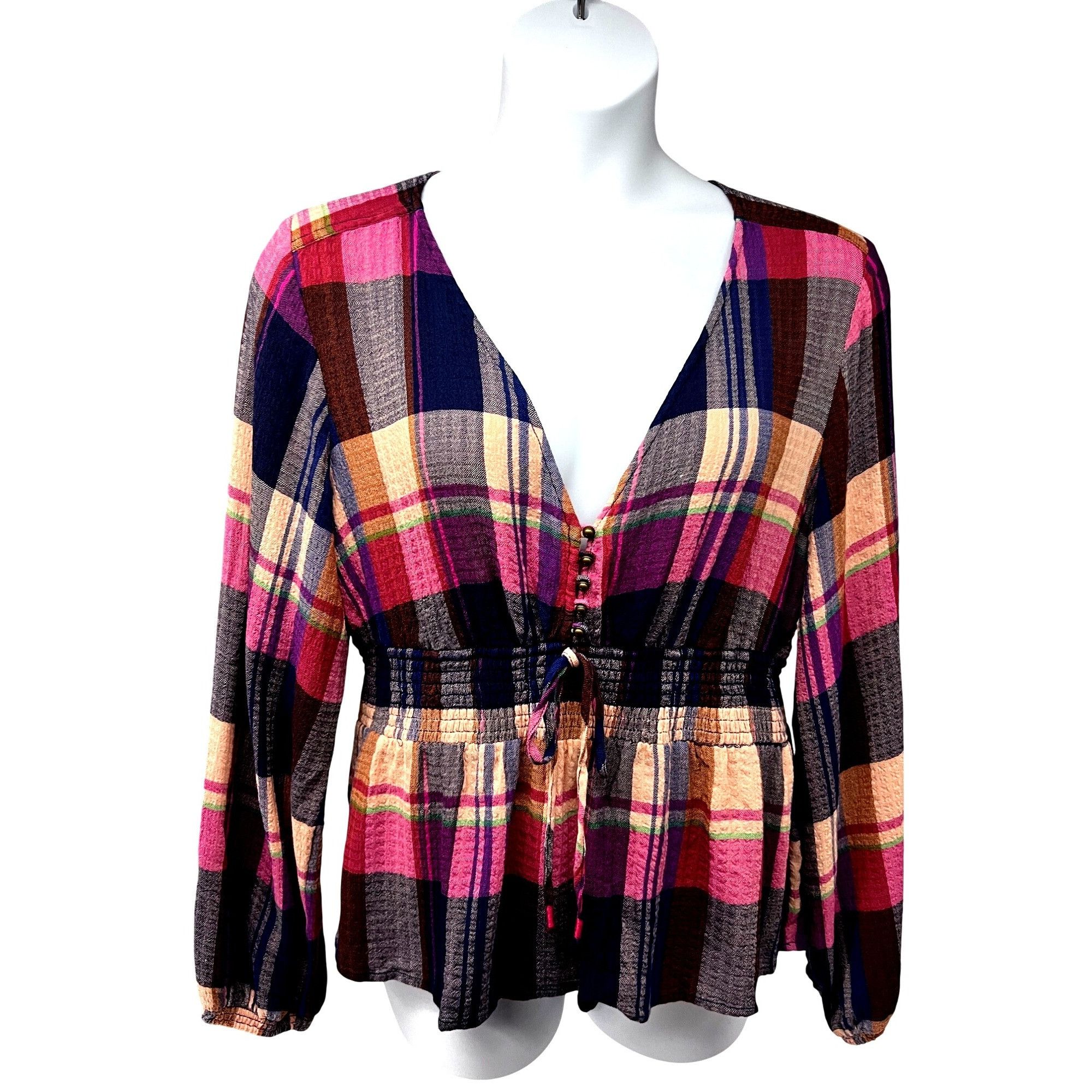 Anthropologie Anthropologie Pilcro The Rory Puff Sleeve Smocked V-Neck Pla Size XL / US 12-14 / IT 48-50 - 1 Thumbnail
