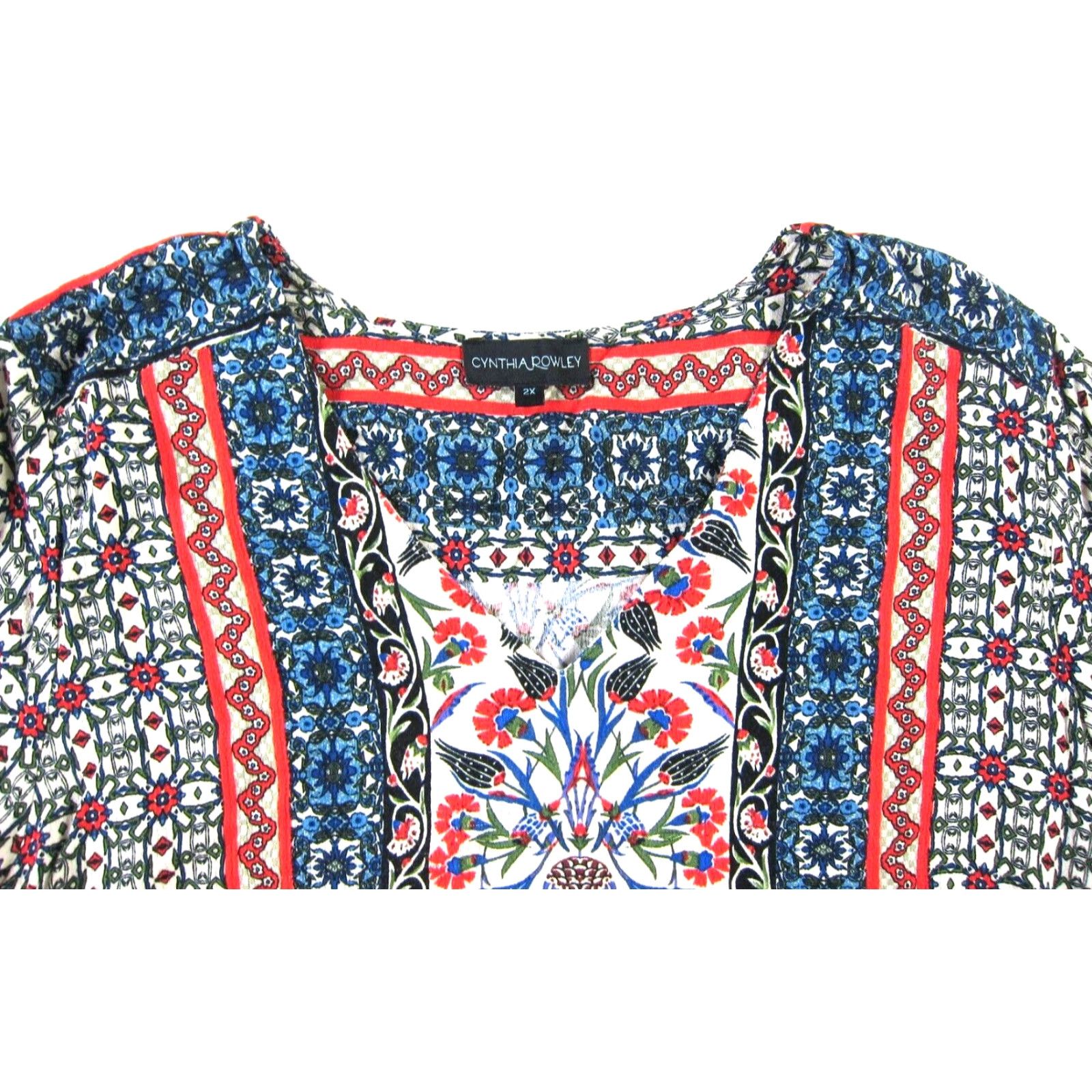 Cynthia Rowley Cynthia Rowley Blouse Tunic 2X Red Floral V-Neck 3/4 Sleeve Peasant Rayon Blue Floral Pattern Women Size XXL / US 16-18 / IT 52-54 - 4 Thumbnail