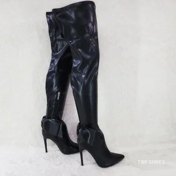 Other OTK Thigh Boots Black High Heel Stiletto Boots Big Back Bow Size US 9 / IT 39 - 6 Thumbnail