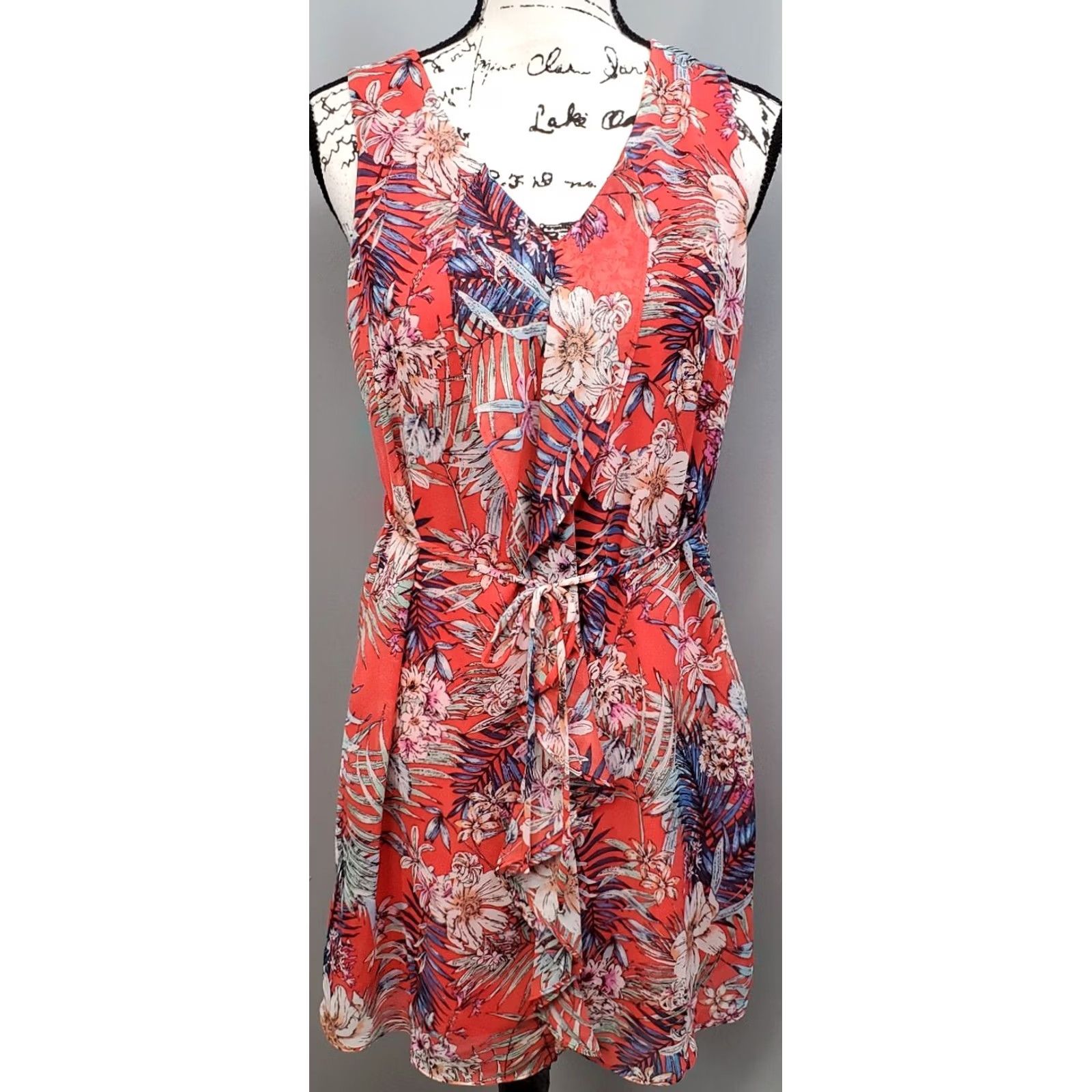 Vintage SOHO Apparel Womens PS Floral Leaf Lined Ruffle Front Tie Waist Mini Dress Shirt Dress Size S / US 4 / IT 40 - 2 Thumbnail