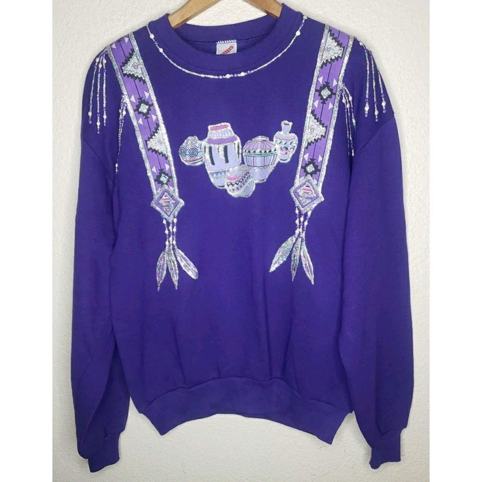 Jerzees Vtg 80s Native American Feathers Sparkle Southwestern MEDIUM Size US M / EU 48-50 / 2 - 1 Thumbnail