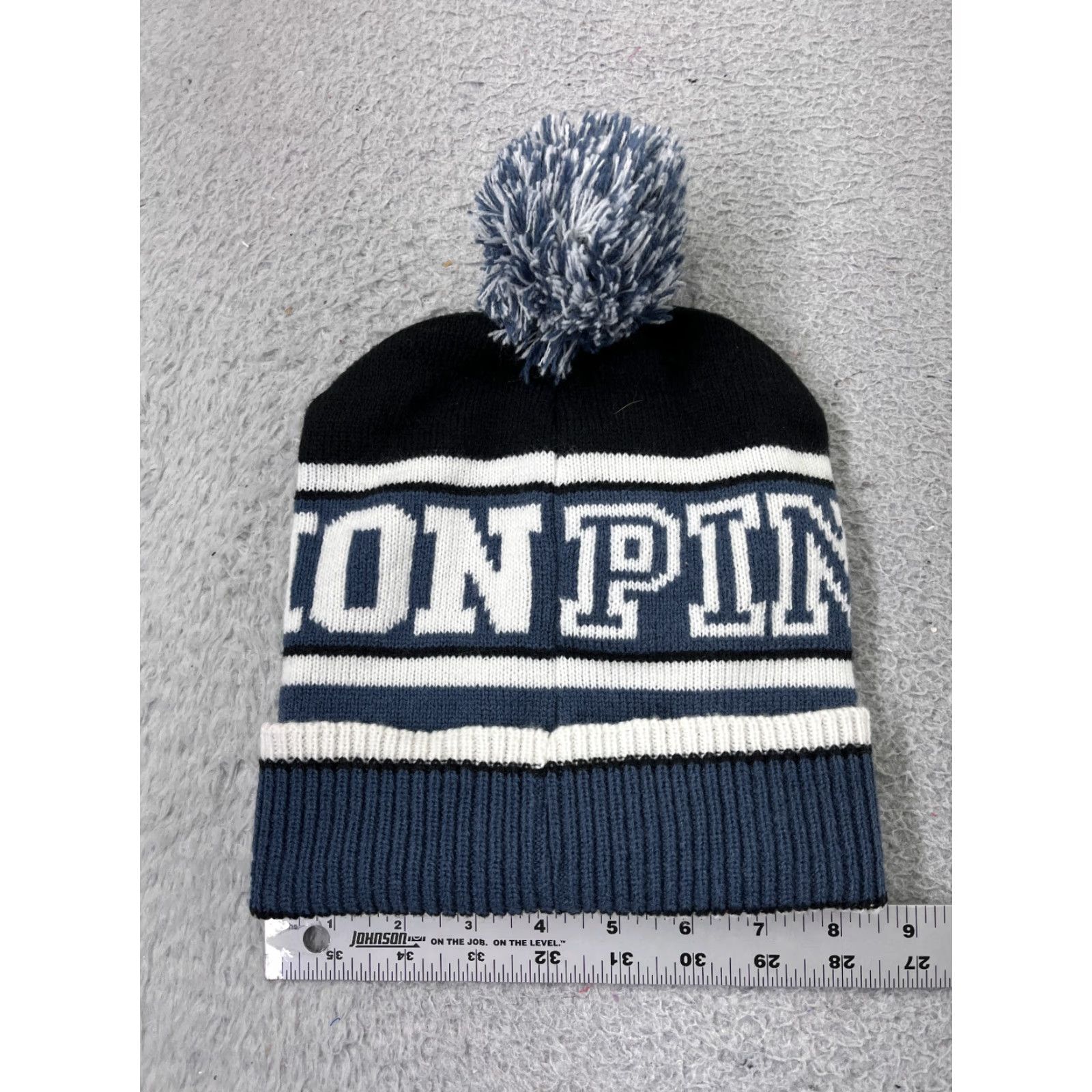 Victoria's Secret Victoria's Secret Beanie Adult One Size Blue Striped Knit PINKNATION Logo Winter Womens Size ONE SIZE - 4 Thumbnail