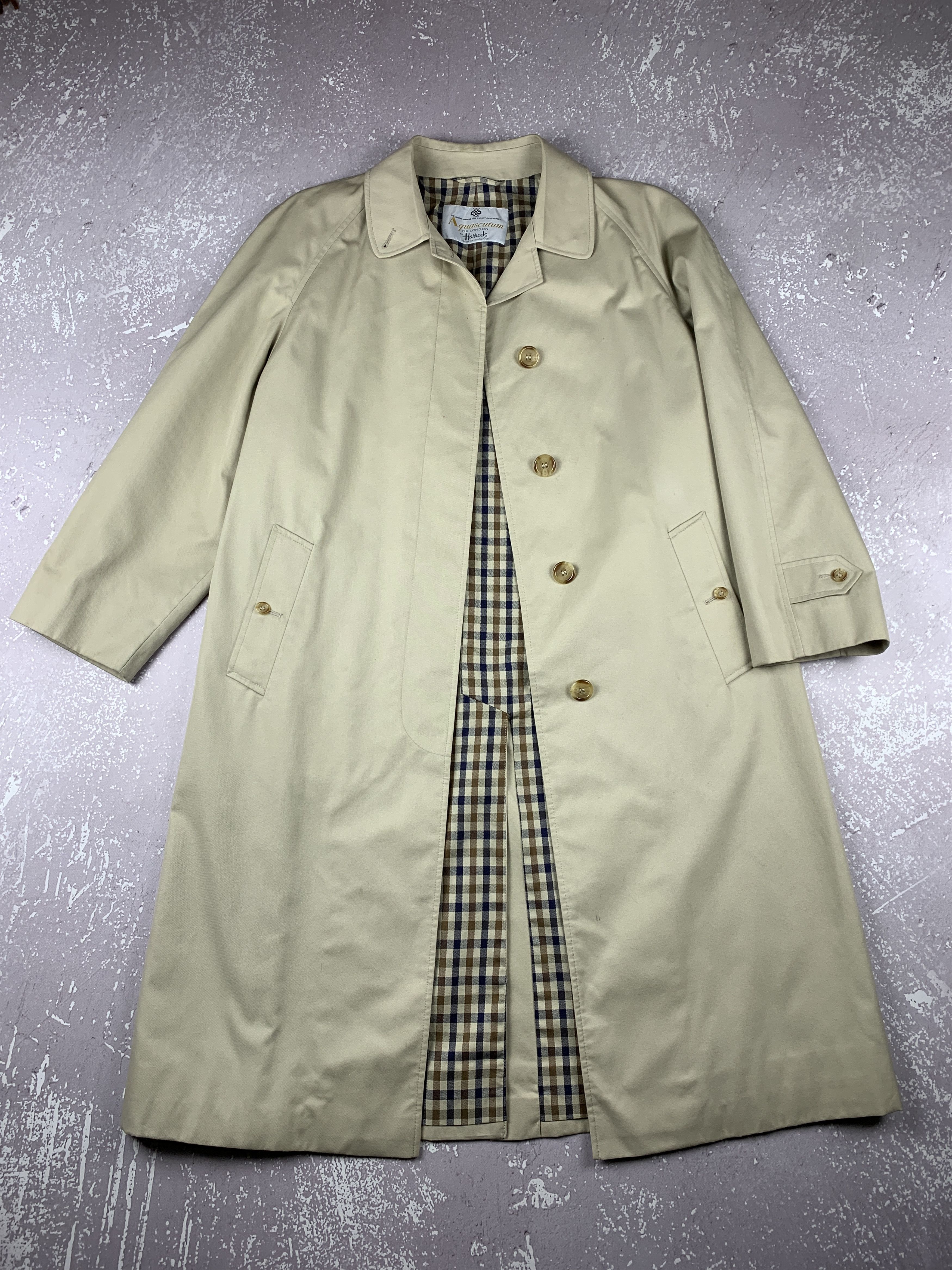 image of Aqua 5 Aquascutum London X Harrods Checkered Trench Coat in Beige/Check, Men's (Size Small)