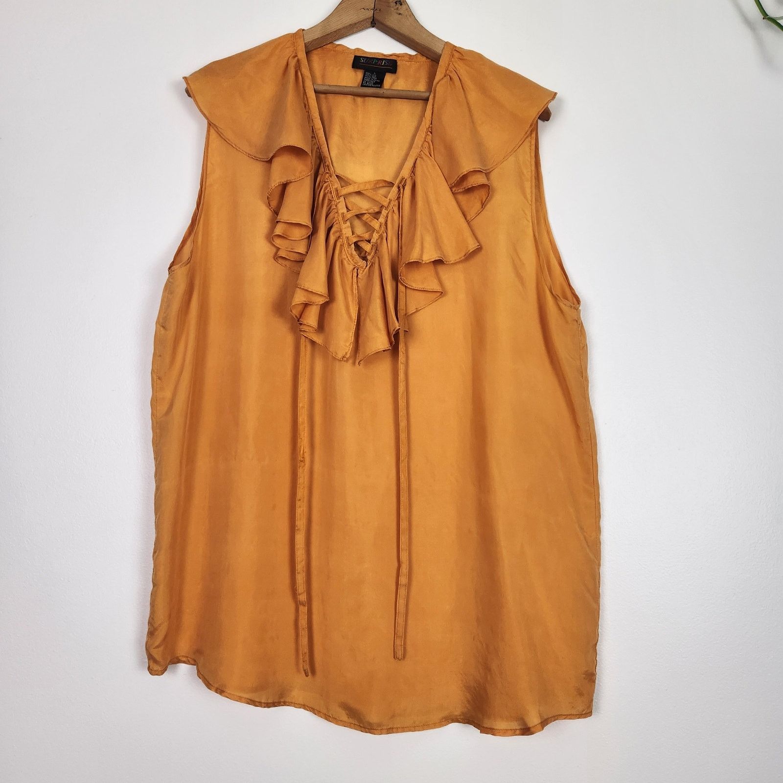 Vintage Orange Silk Ruffle Lace Up Top Soft Surprise Large Size L / US 10 / IT 46 - 2 Thumbnail