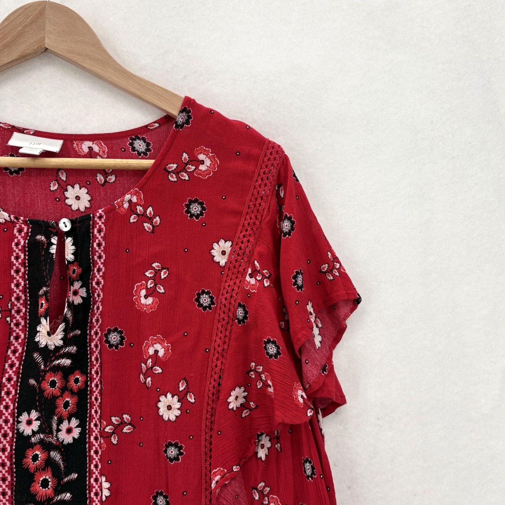 J. Jill J Jill Shirt Womens 2X Red Floral Boho Peasant Top Blouse Rayon Lace Print Y2K Size XXL / US 16-18 / IT 52-54 - 2 Thumbnail