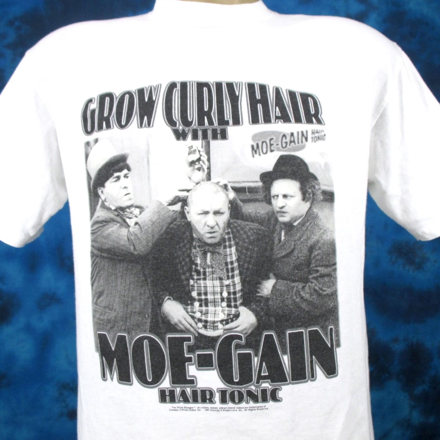Vintage vintage THE THREE STOOGES MOE-GAIN HAIR TONIC T-Shirt M white 80s 90s adult Mens comedy shirt Size US M / EU 48-50 / 2 - 3 Thumbnail