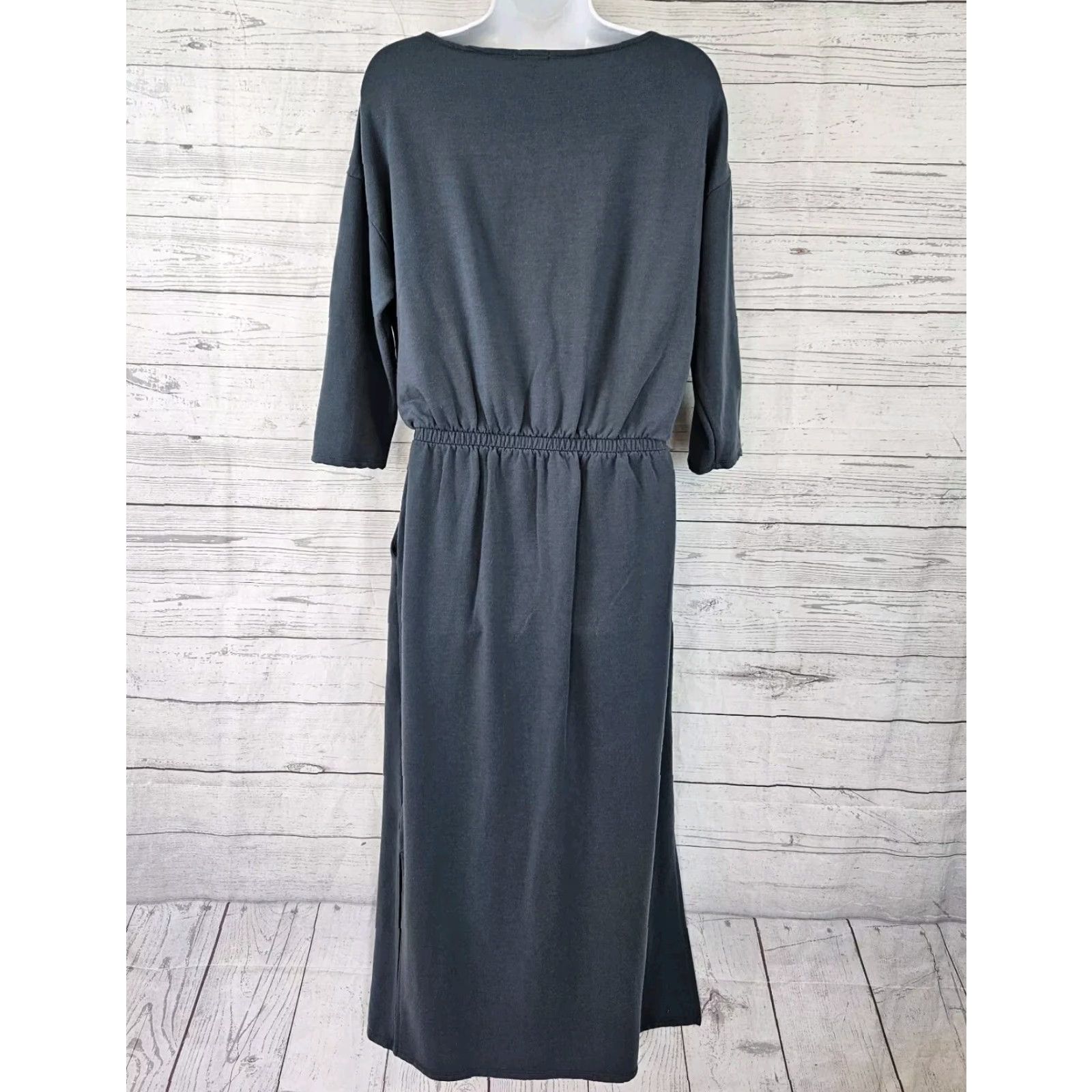 Vintage Garnet Hill Womens Boat Neck Knit Midi Dress Sz S Blue Gray Elastic Waist - Pockets - 3/4 Sleeve - Blouson Dress - Solid - Regular - Womens Size S / US 4 / IT 40 - 3 Thumbnail