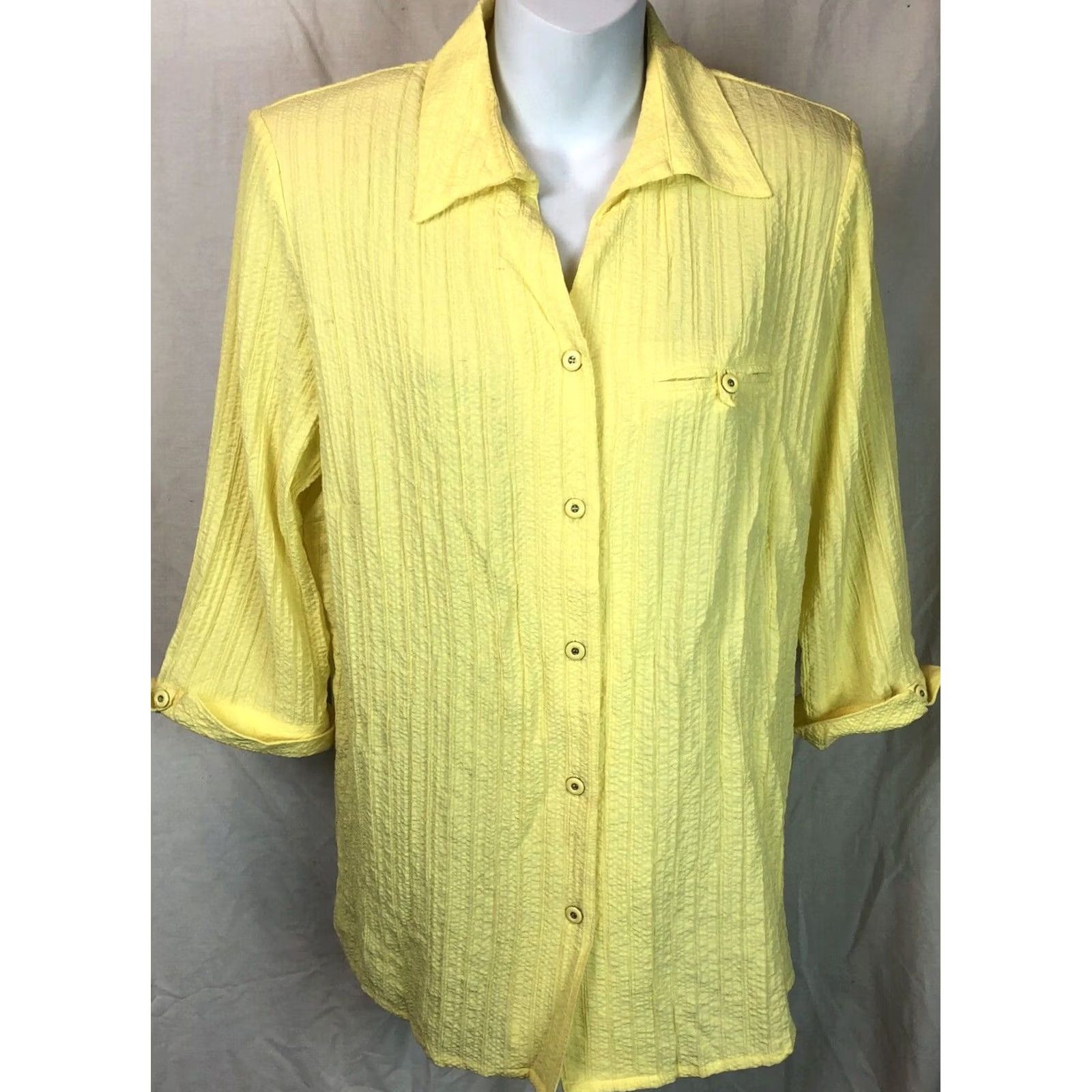 Vintage Allison Daley Gauzy Top Blouse 8 Yellow 3/4 Sleeve Button Up Collar Pocket Size M / US 6-8 / IT 42-44 - 2 Thumbnail
